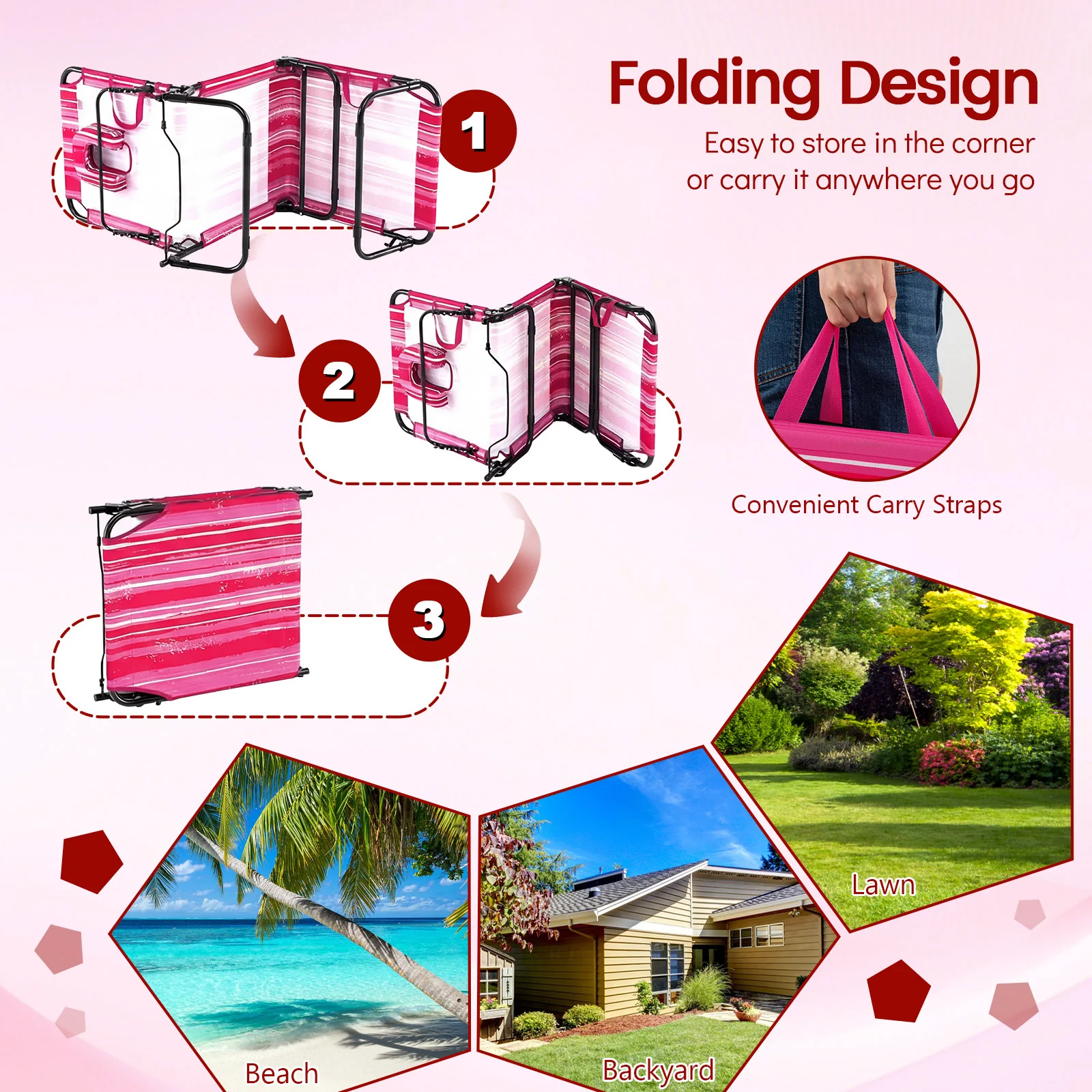 Folding Face Down Tanning Chair, Face Hole, 3 Removable Pillows, Stripe, Pink - Image 9