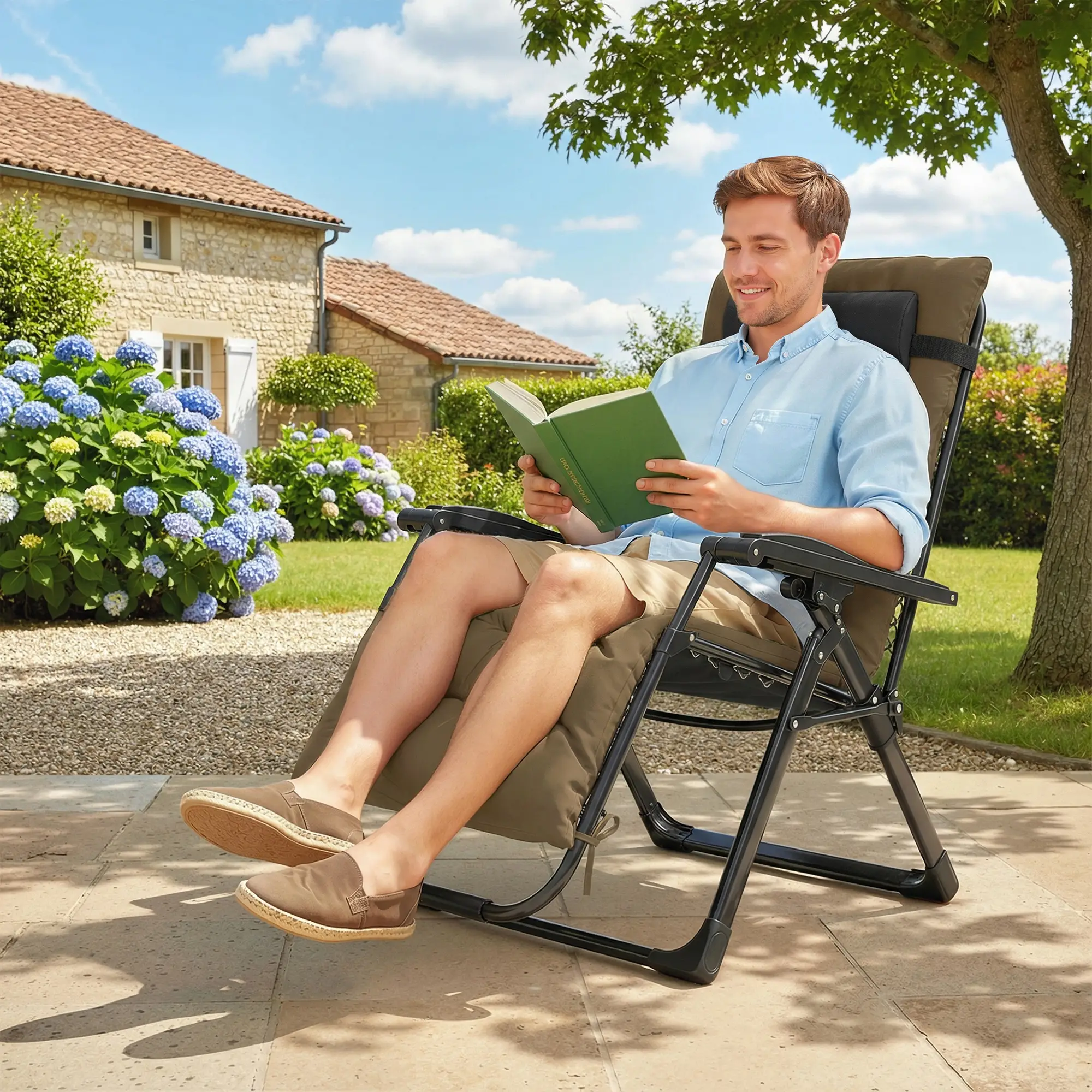 Folding Garden Chair, Reclining Zero Gravity Sun Lounger, Khaki - Image 2