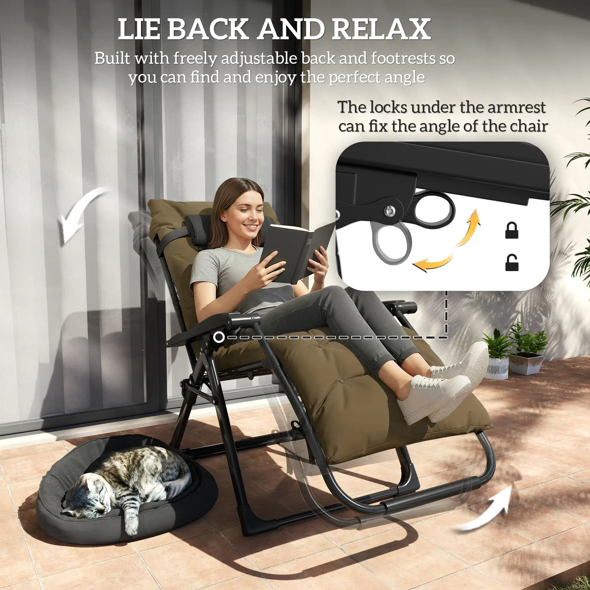 Folding Garden Chair, Reclining Zero Gravity Sun Lounger, Khaki - Image 4