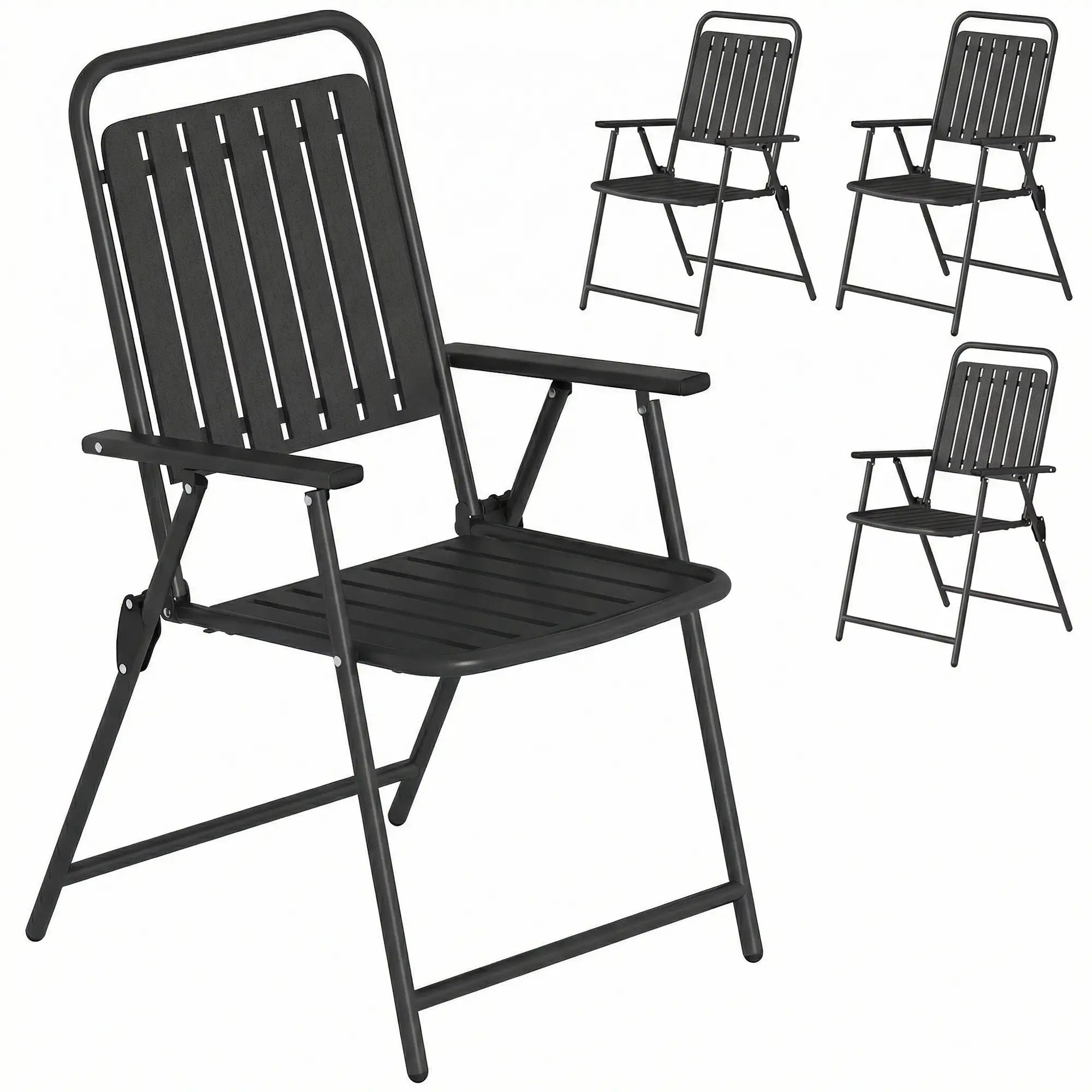 Folding Garden Chairs, Set Of 4, Steel Frame With Armrests, Black - Image 11