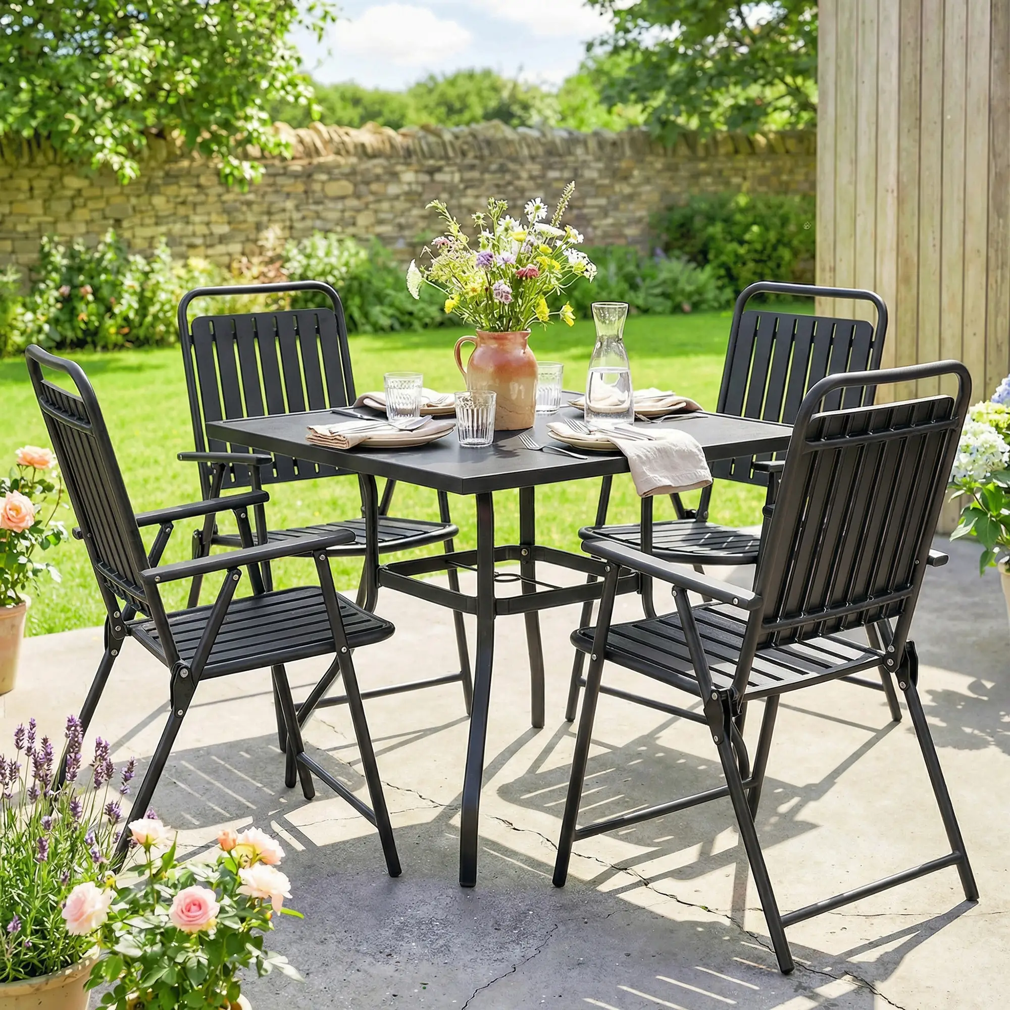 Folding Garden Chairs, Set Of 4, Steel Frame With Armrests, Black - Image 2