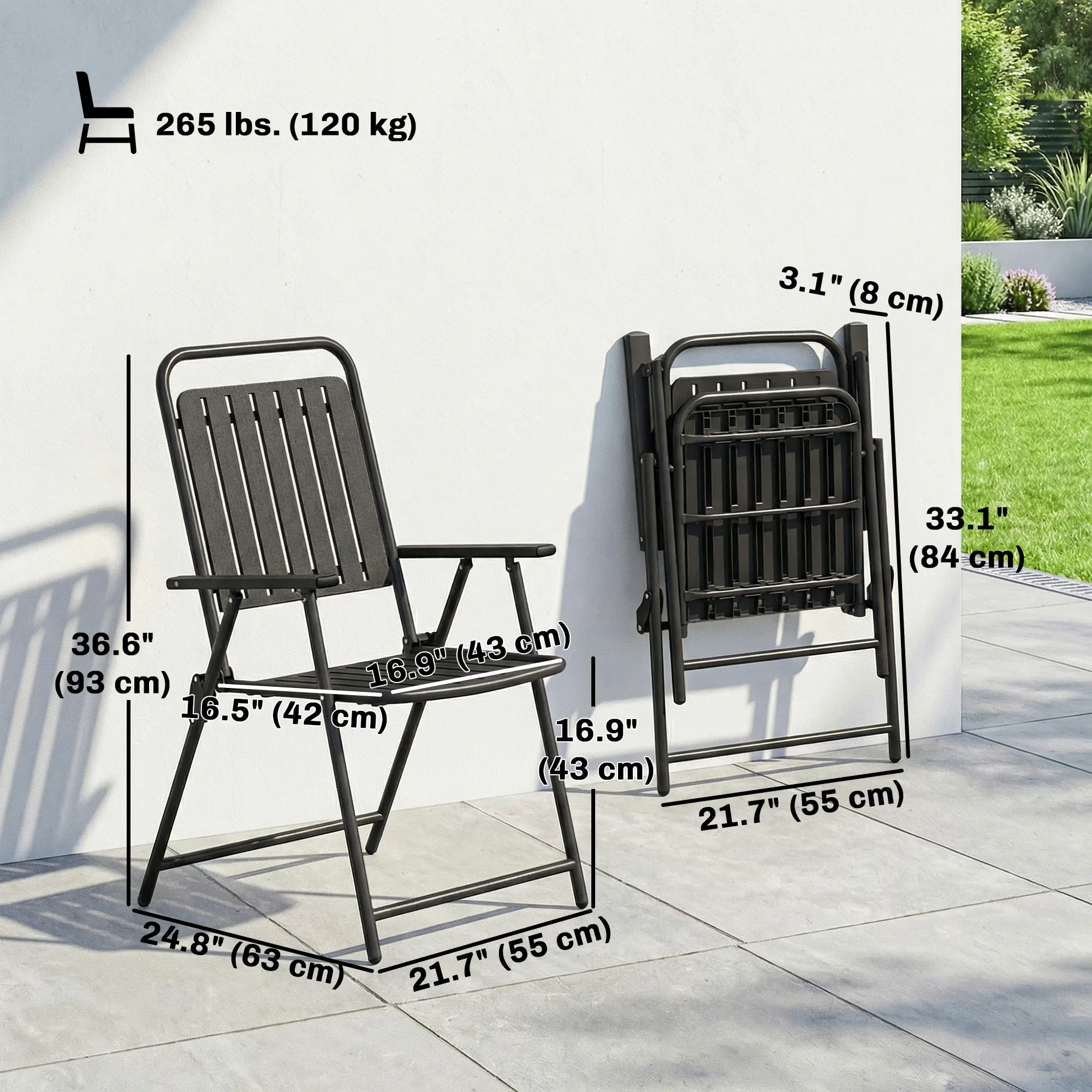 Folding Garden Chairs, Set Of 4, Steel Frame With Armrests, Black - Image 3