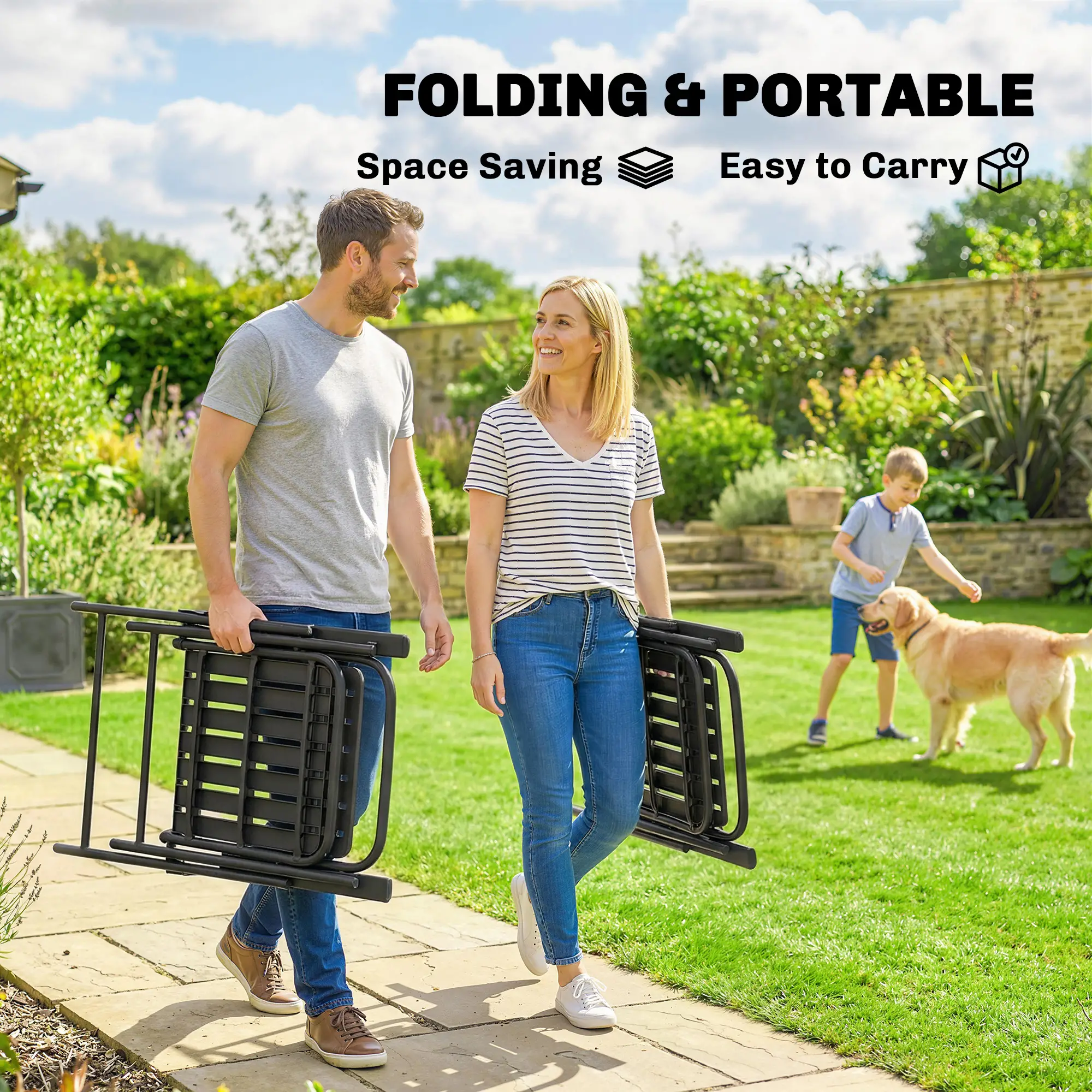 Folding Garden Chairs, Set Of 4, Steel Frame With Armrests, Black - Image 4