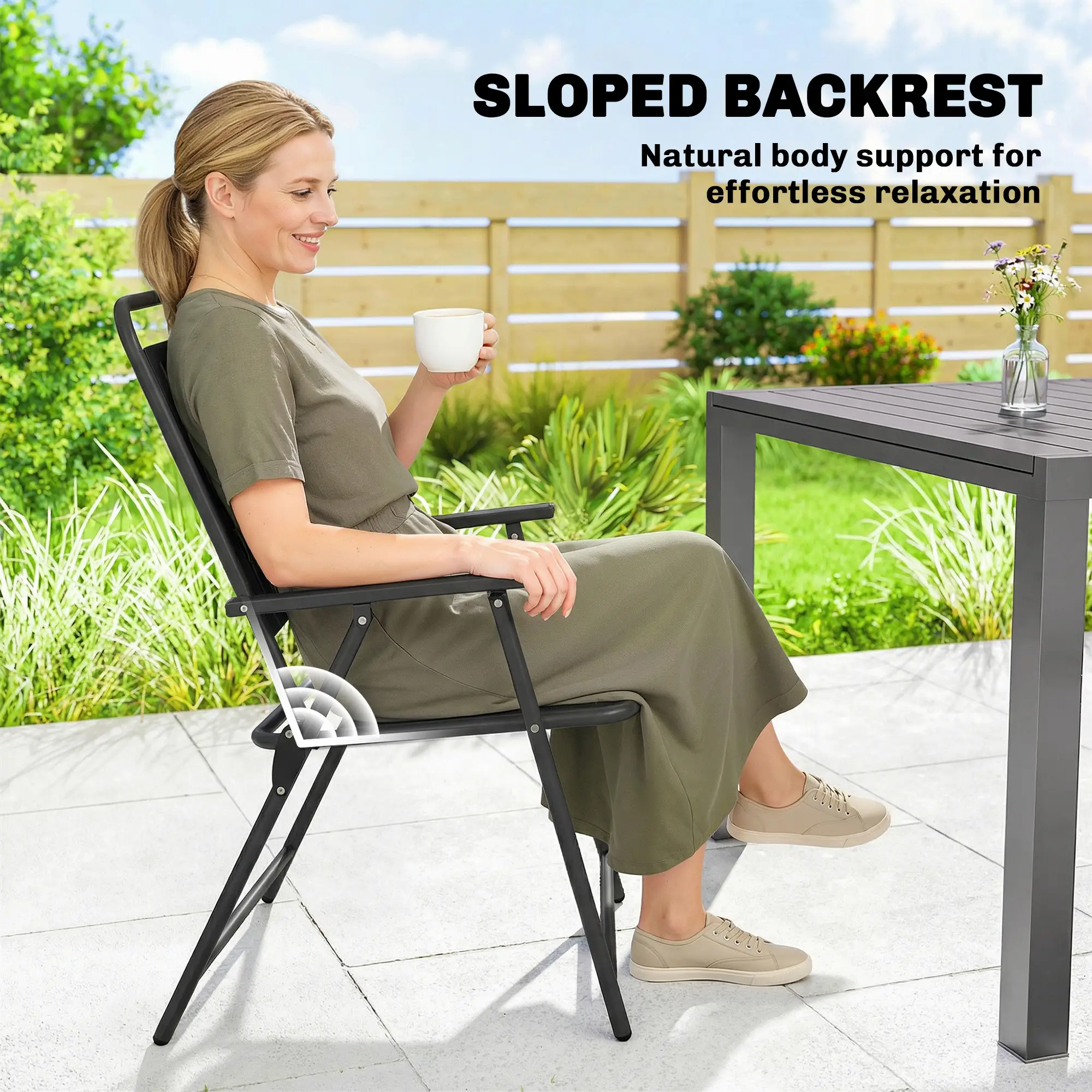 Folding Garden Chairs, Set Of 4, Steel Frame With Armrests, Black - Image 6