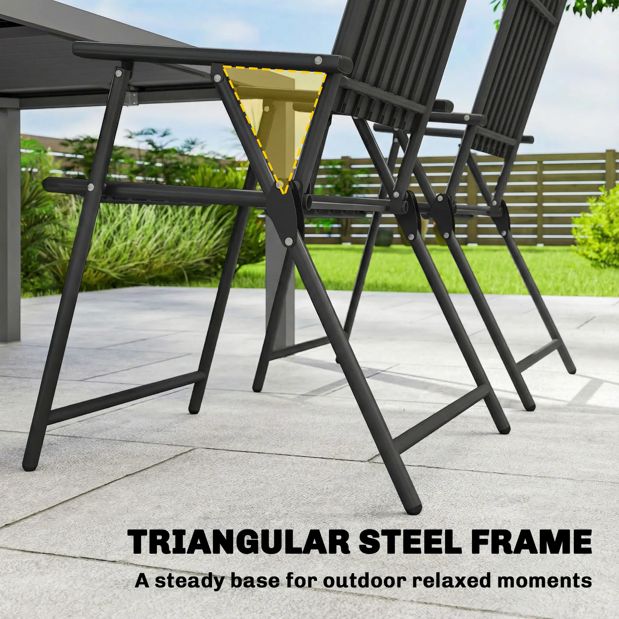 Folding Garden Chairs, Set Of 4, Steel Frame With Armrests, Black - Image 7