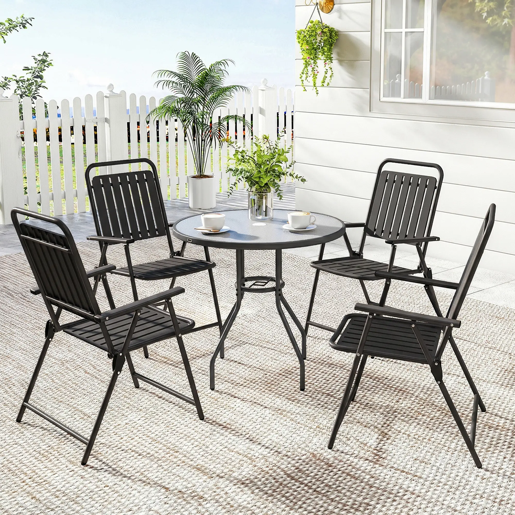Folding Garden Chairs, Set Of 4, Steel Frame With Armrests, Black - Image 8