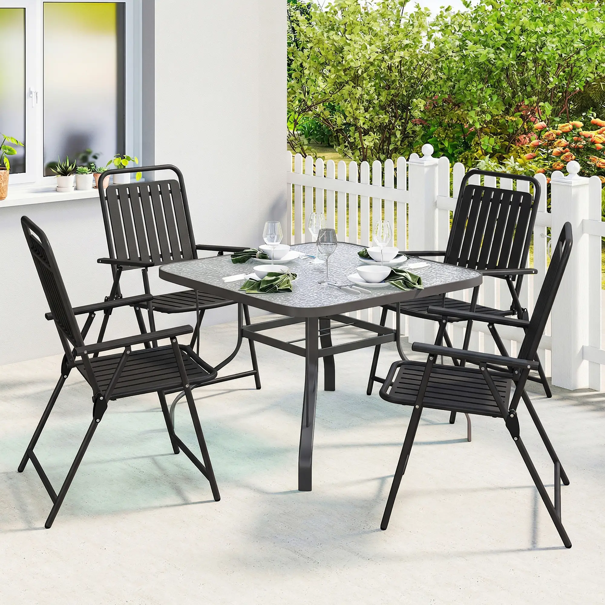 Folding Garden Chairs, Set Of 4, Steel Frame With Armrests, Black - Image 9