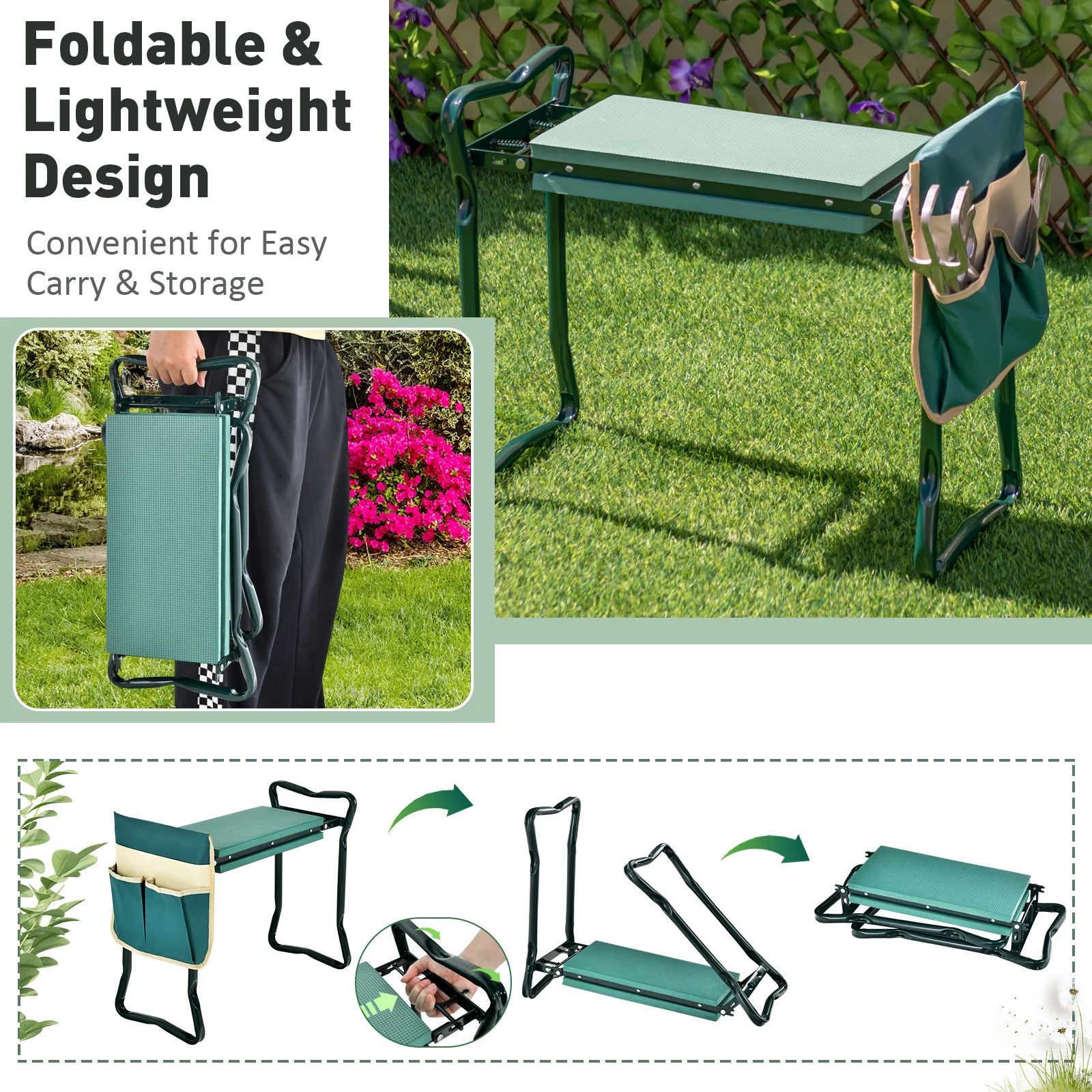 Folding Garden Kneeler Pad, Cushion Seat, Green - Image 9