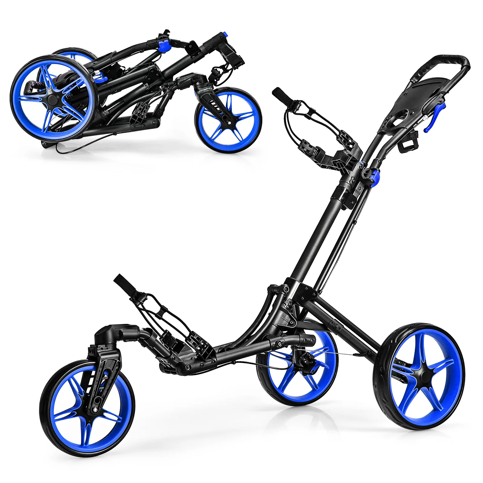 Folding Golf Push Cart, Adjustable Handle, Swivel Wheel, Blue
