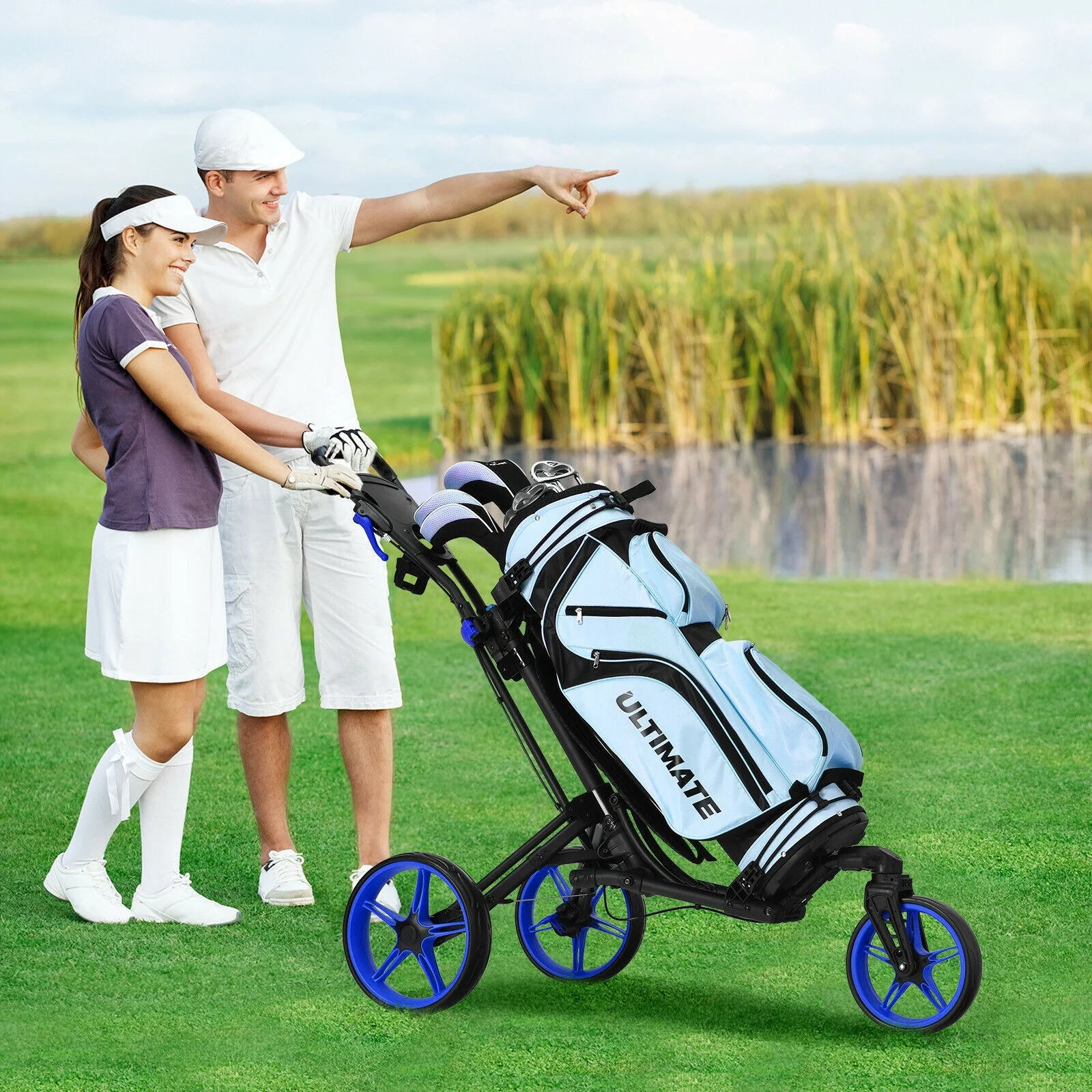 Folding Golf Push Cart, Adjustable Handle, Swivel Wheel, Blue - Image 2