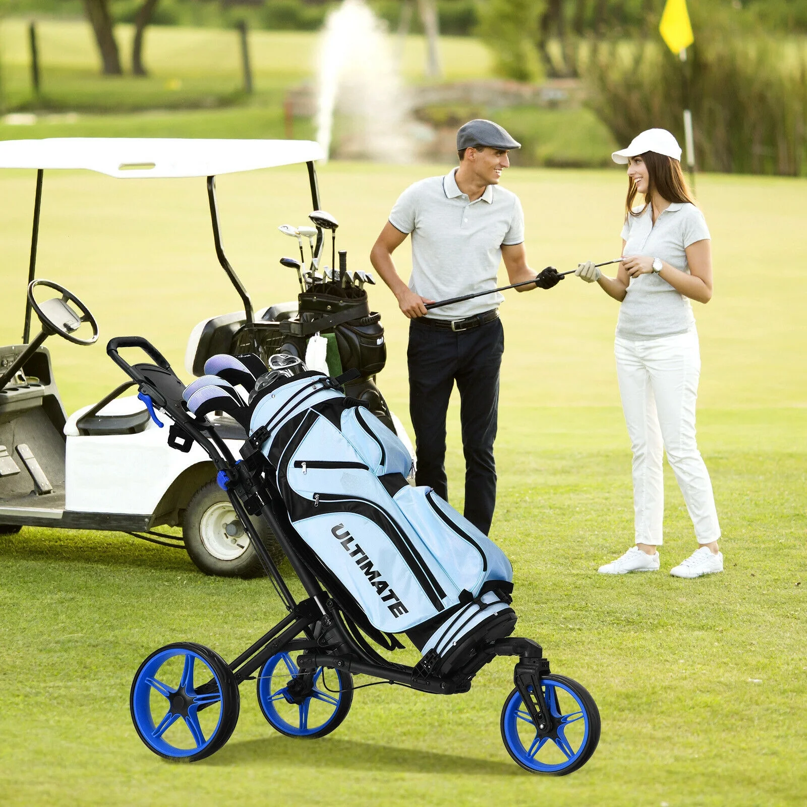 Folding Golf Push Cart, Adjustable Handle, Swivel Wheel, Blue - Image 3