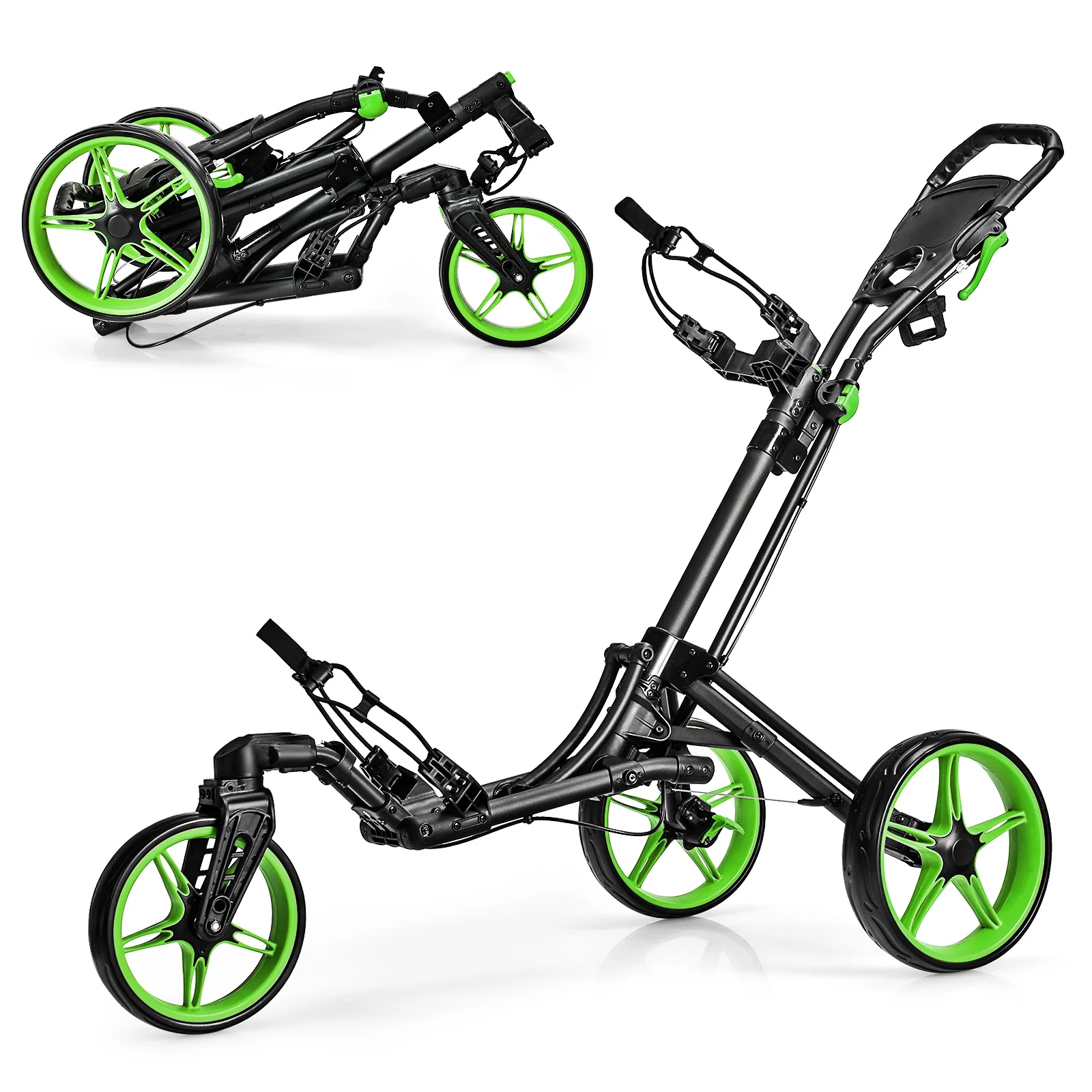 Folding Golf Push Cart, Adjustable Handle, Swivel Wheel, Green - Image 2