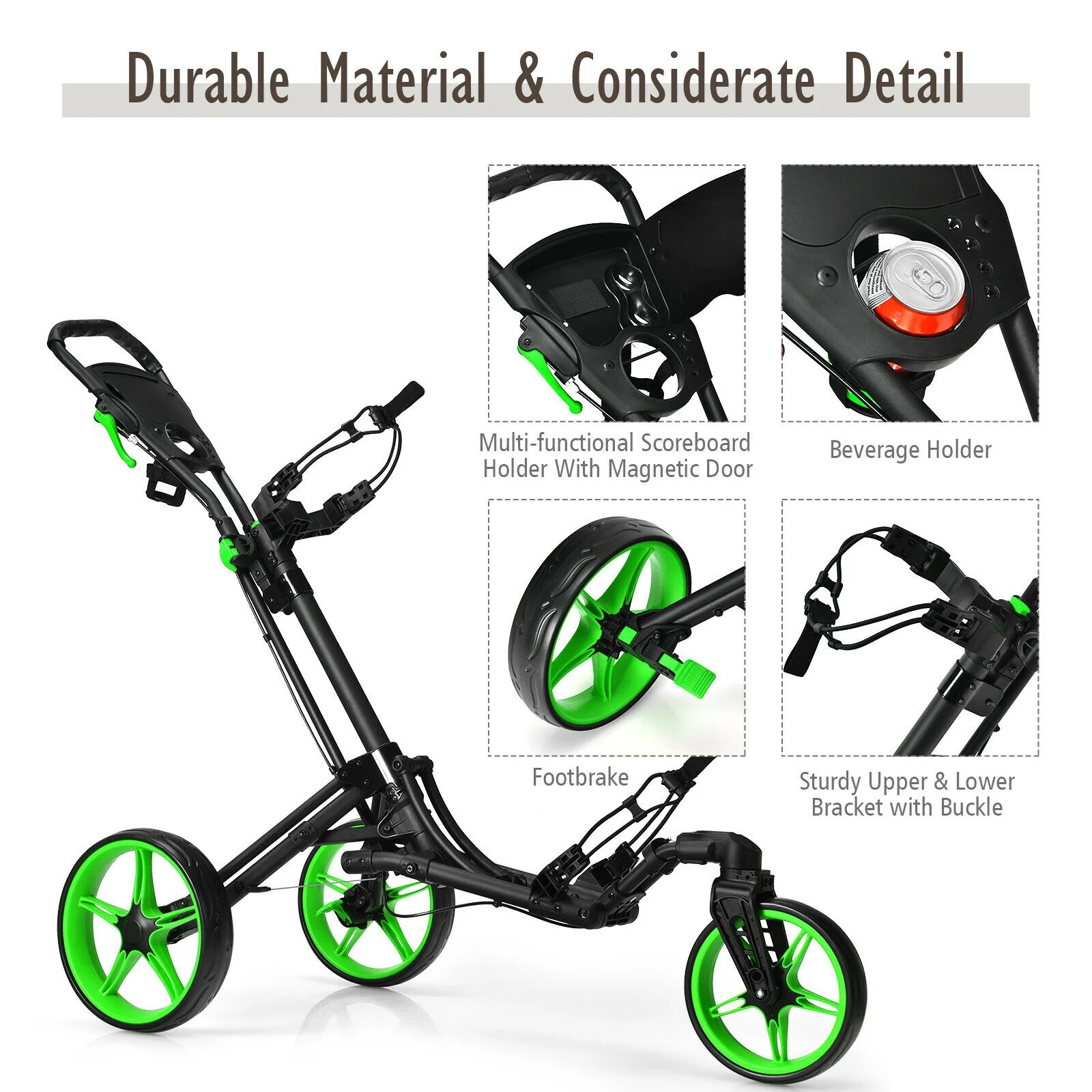 Folding Golf Push Cart, Adjustable Handle, Swivel Wheel, Green - Image 5