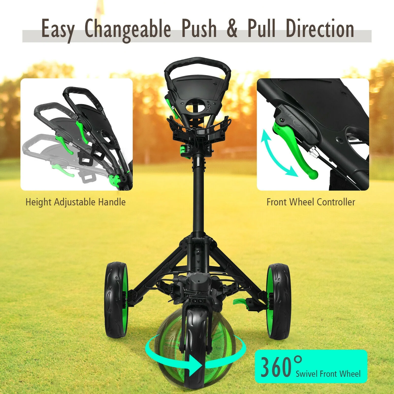 Folding Golf Push Cart, Adjustable Handle, Swivel Wheel, Green - Image 7