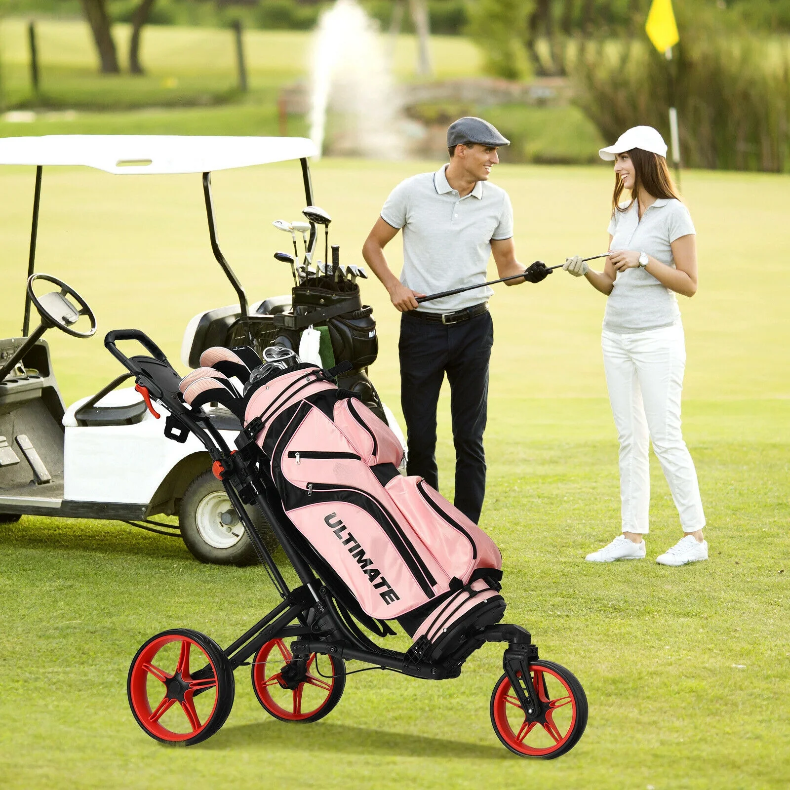 Folding Golf Push Cart, Adjustable Handle, Swivel Wheel, Red - Image 3