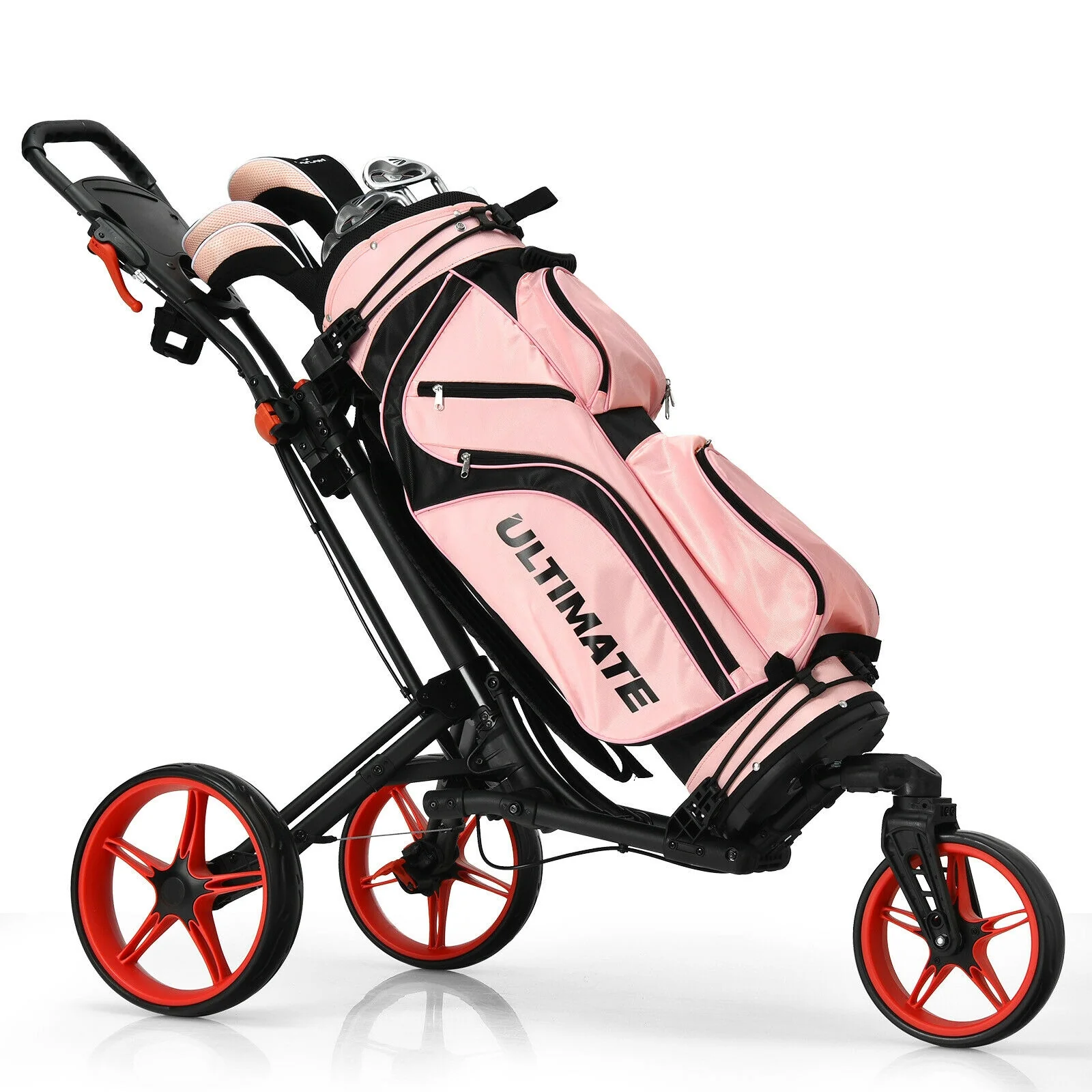 Folding Golf Push Cart, Adjustable Handle, Swivel Wheel, Red - Image 5