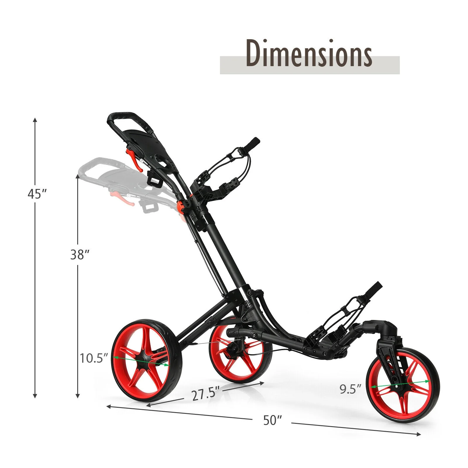 Folding Golf Push Cart, Adjustable Handle, Swivel Wheel, Red - Image 6