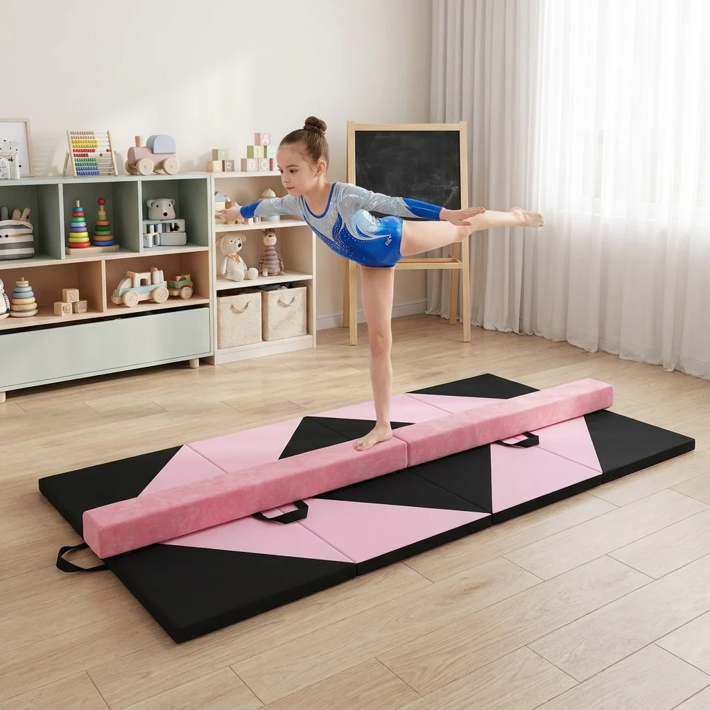 Folding Gymnastics Mat & Portable Floor Balance Beam Set - Image 2