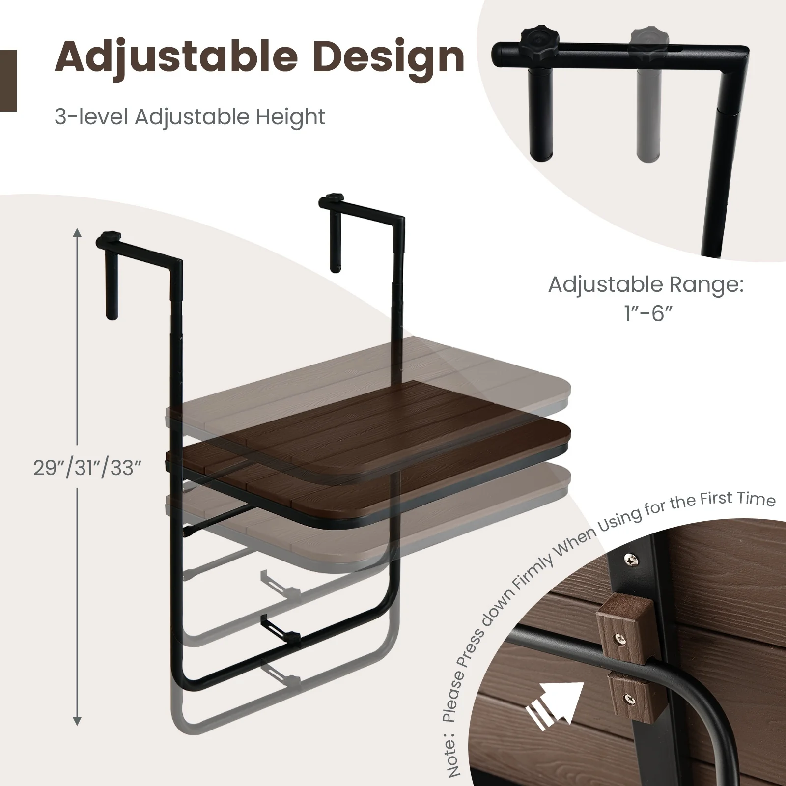 Folding Hanging Table, 3-Level Adjustable Height, Patio Balcony Coffee Table - Image 8