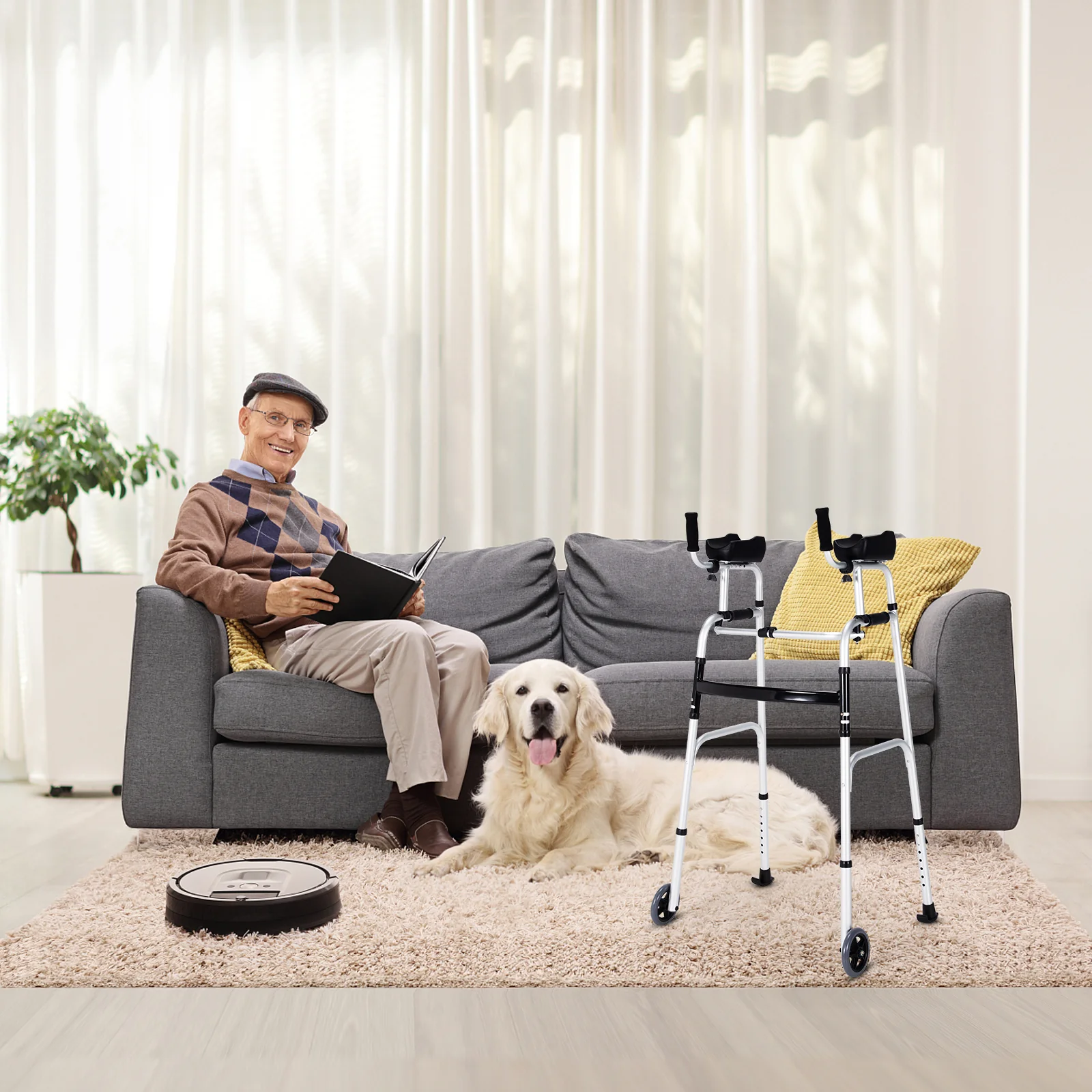 Folding Height Adjustable Walking Frame, Silver - Image 3
