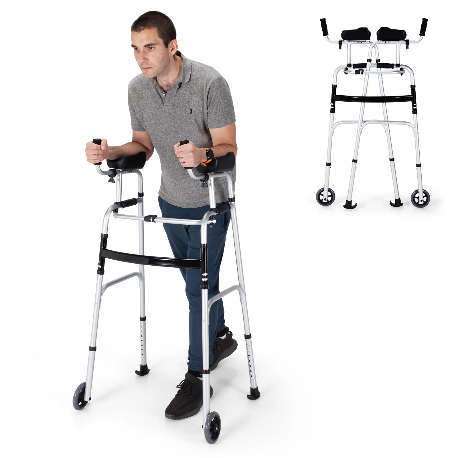 Folding Height Adjustable Walking Frame, Silver - Image 5