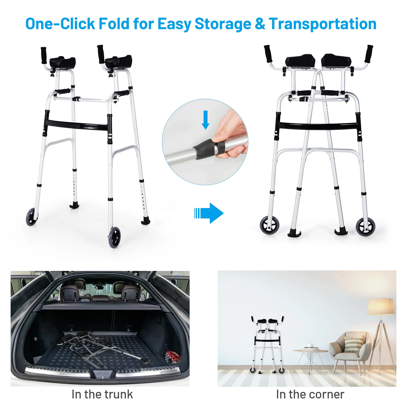 Folding Height Adjustable Walking Frame, Silver - Image 8