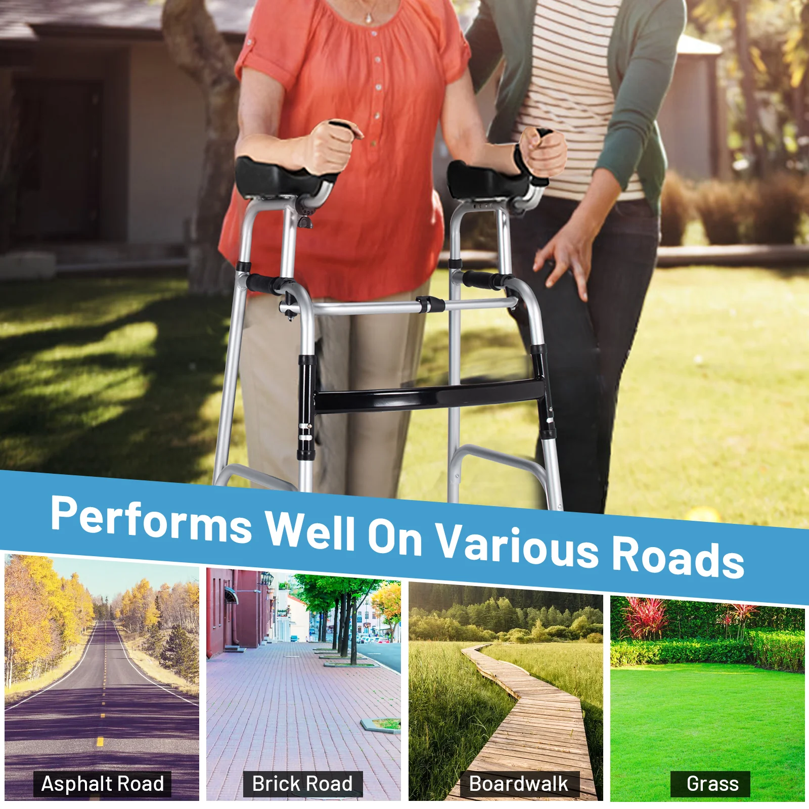 Folding Height Adjustable Walking Frame, Silver - Image 9