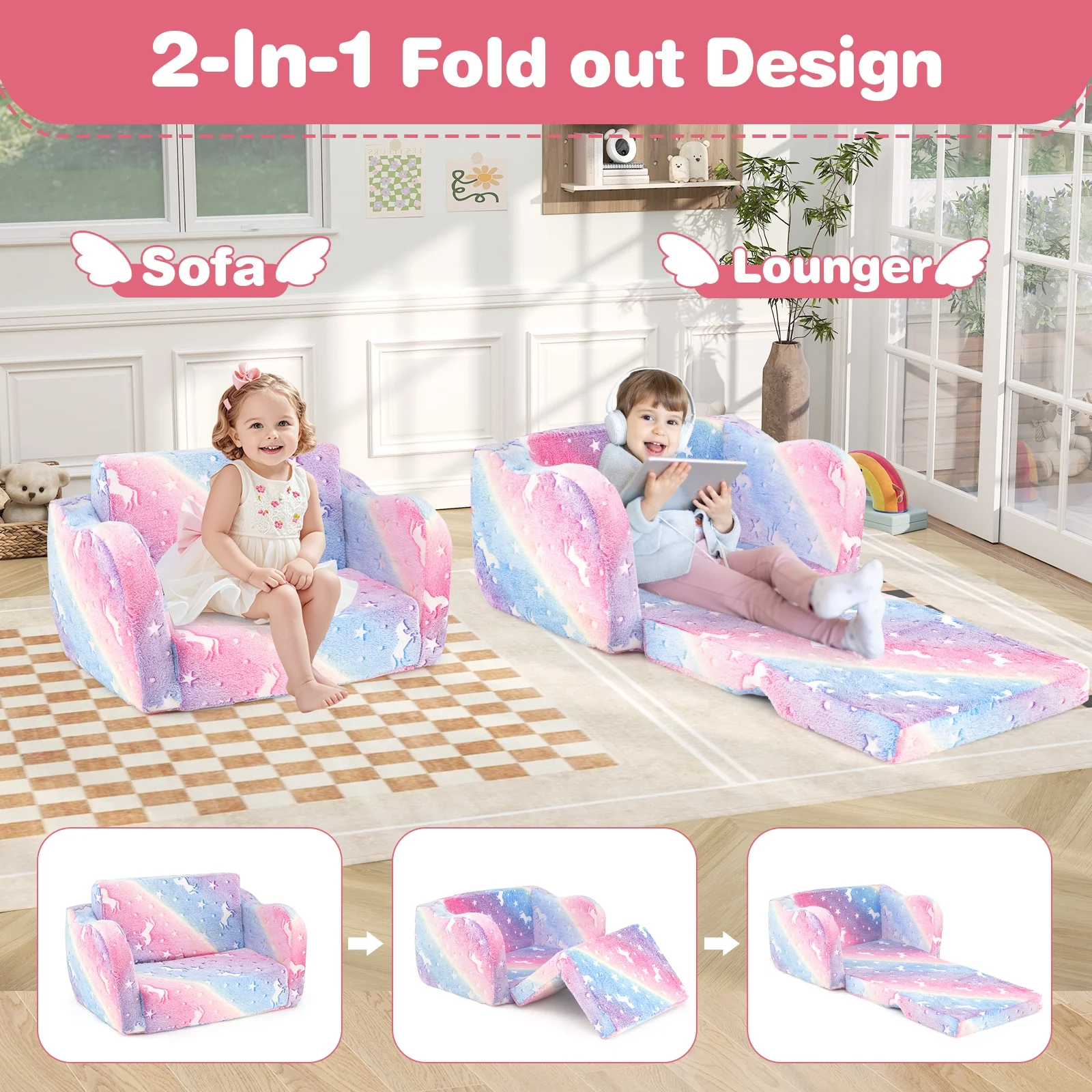 Folding Kids Couch With Blanket, Glow In The Dark, Multicolor - Image 10