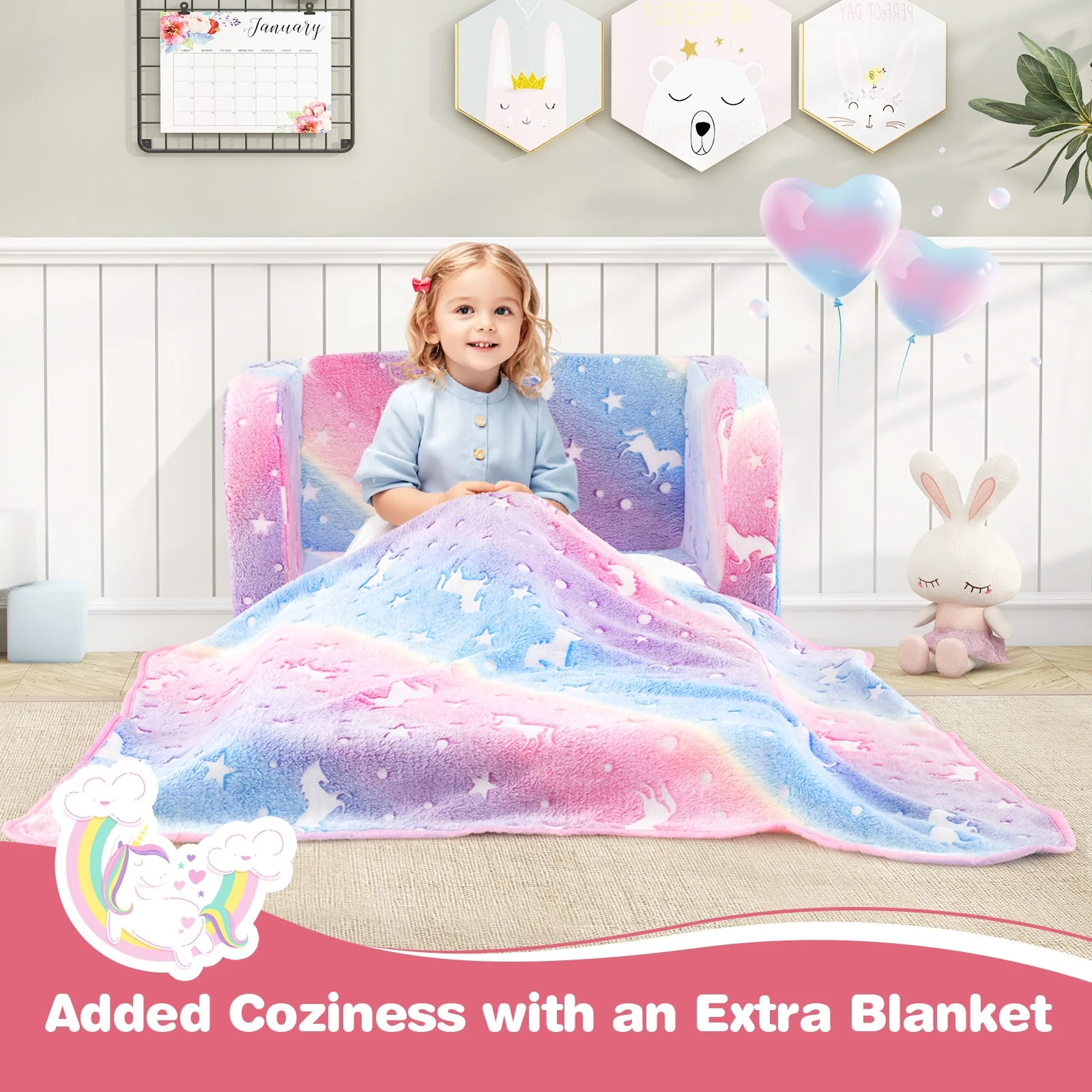 Folding Kids Couch With Blanket, Glow In The Dark, Multicolor - Image 2