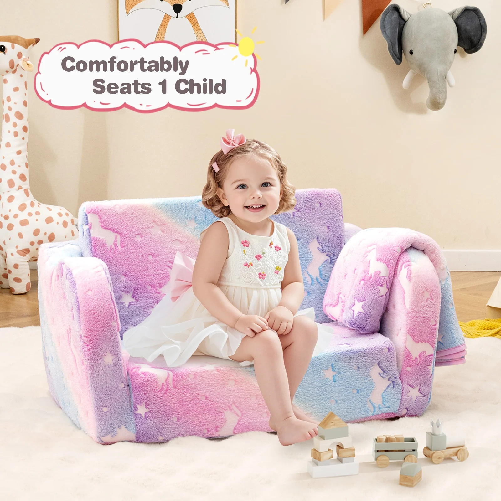 Folding Kids Couch With Blanket, Glow In The Dark, Multicolor - Image 3