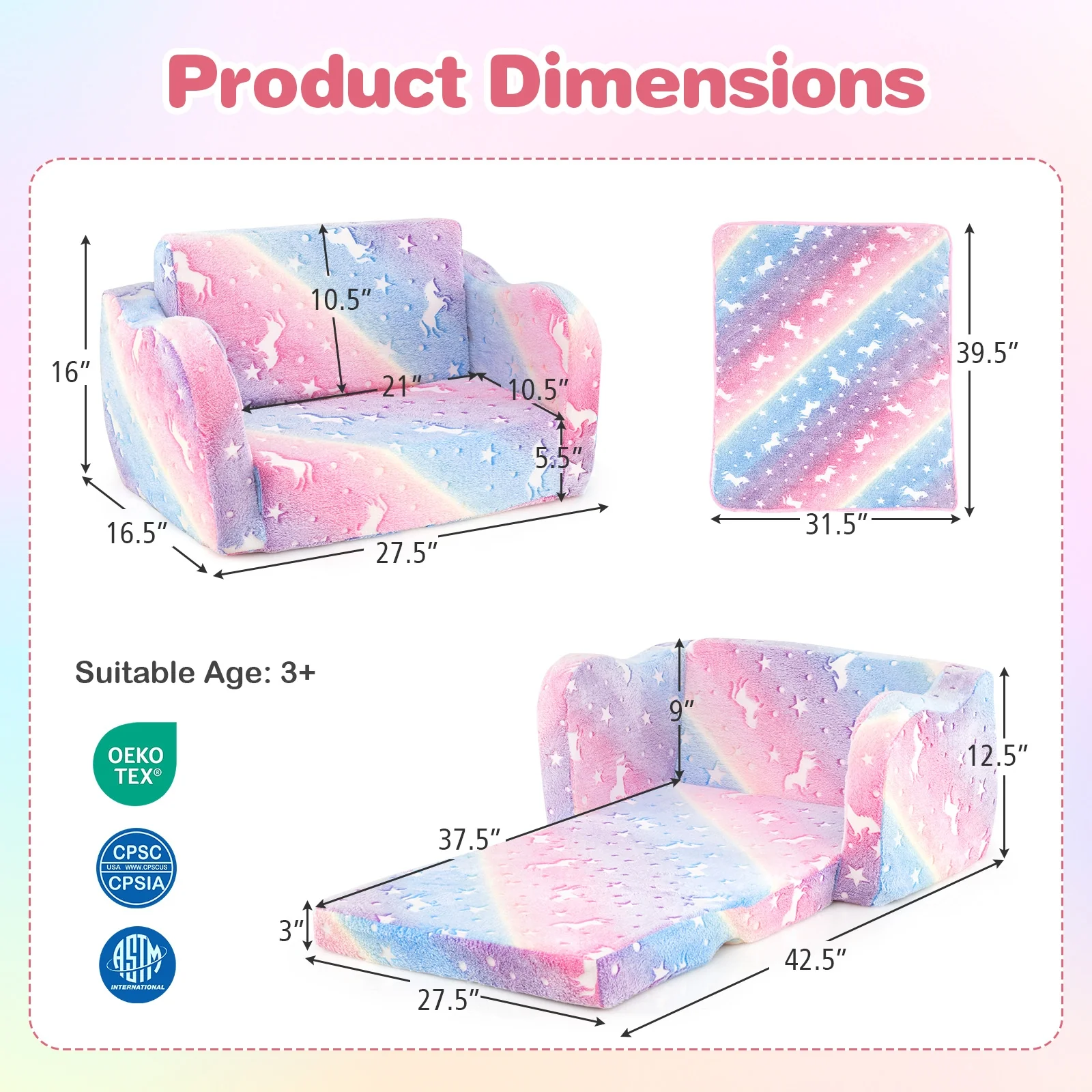 Folding Kids Couch With Blanket, Glow In The Dark, Multicolor - Image 6