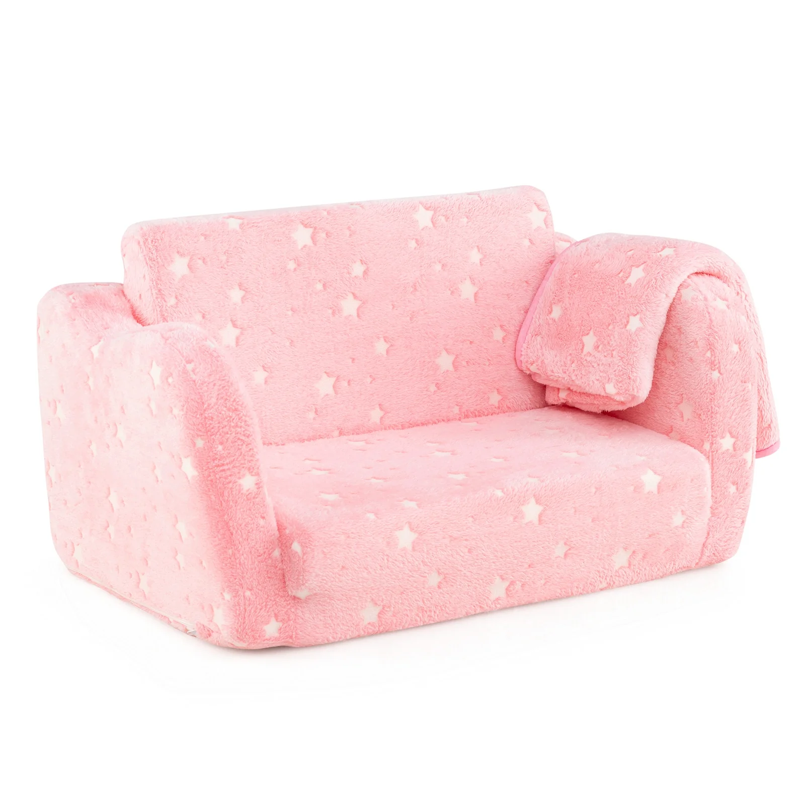 Folding Kids Couch With Glow In The Dark Blanket, Pink