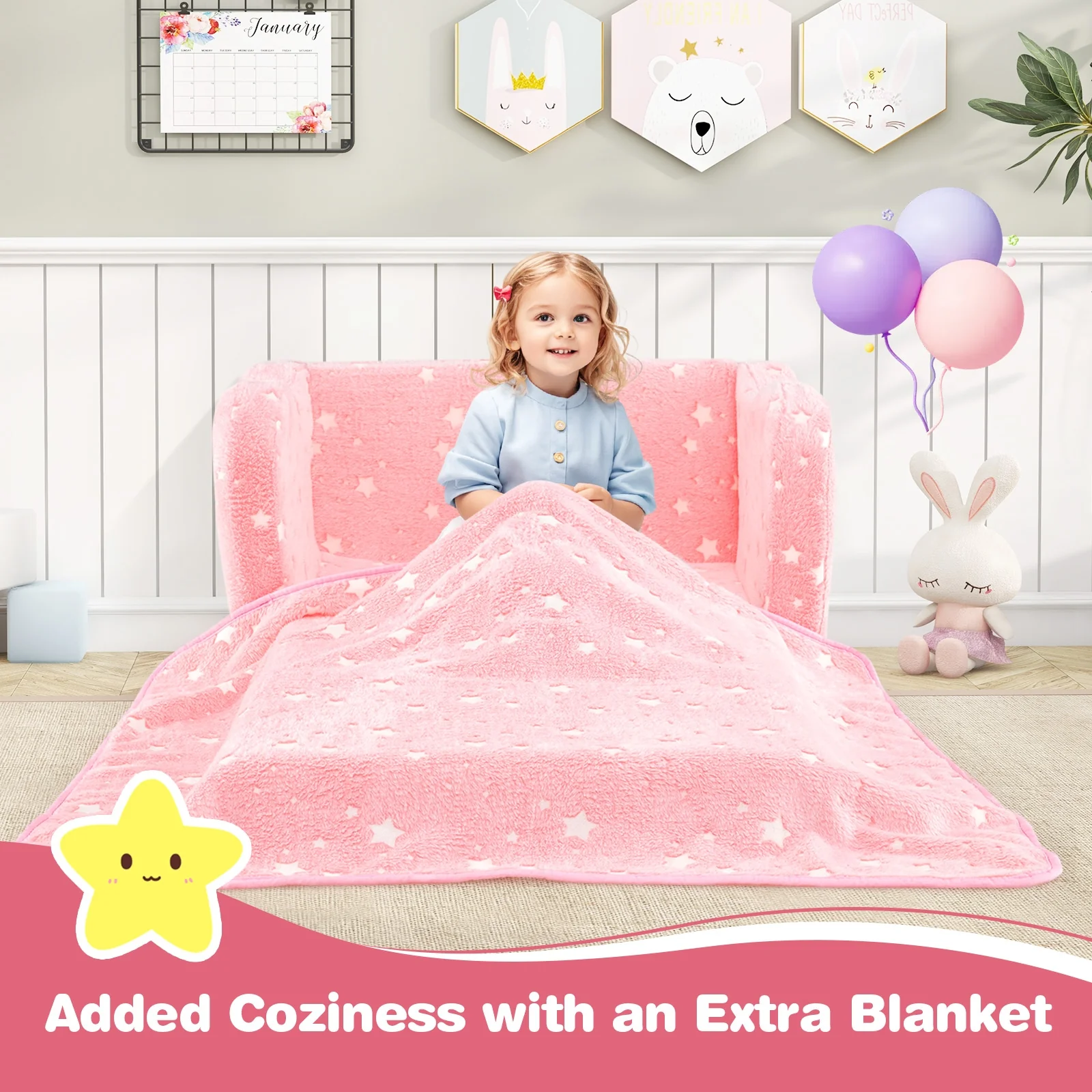 Folding Kids Couch With Glow In The Dark Blanket, Pink - Image 3