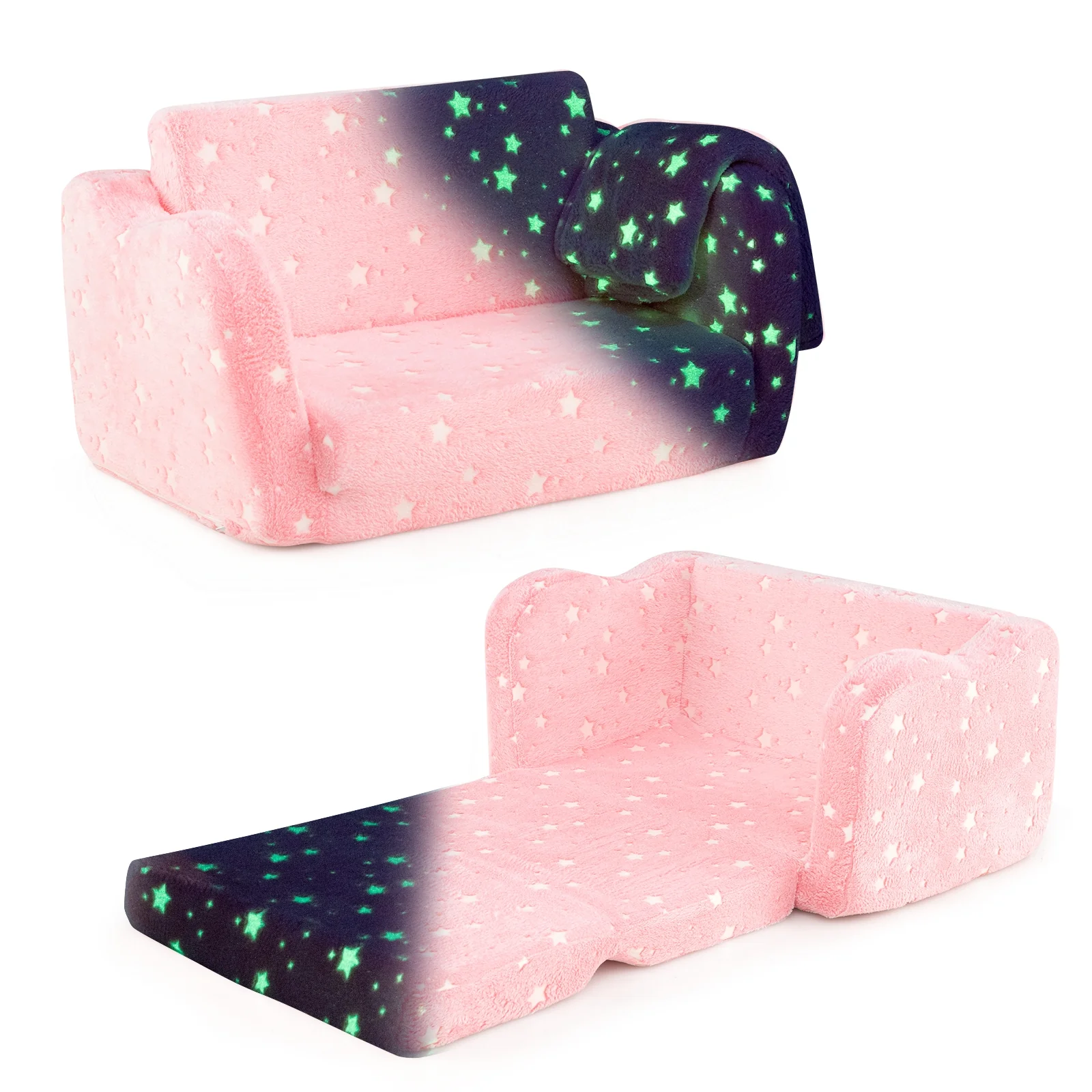 Folding Kids Couch With Glow In The Dark Blanket, Pink - Image 5