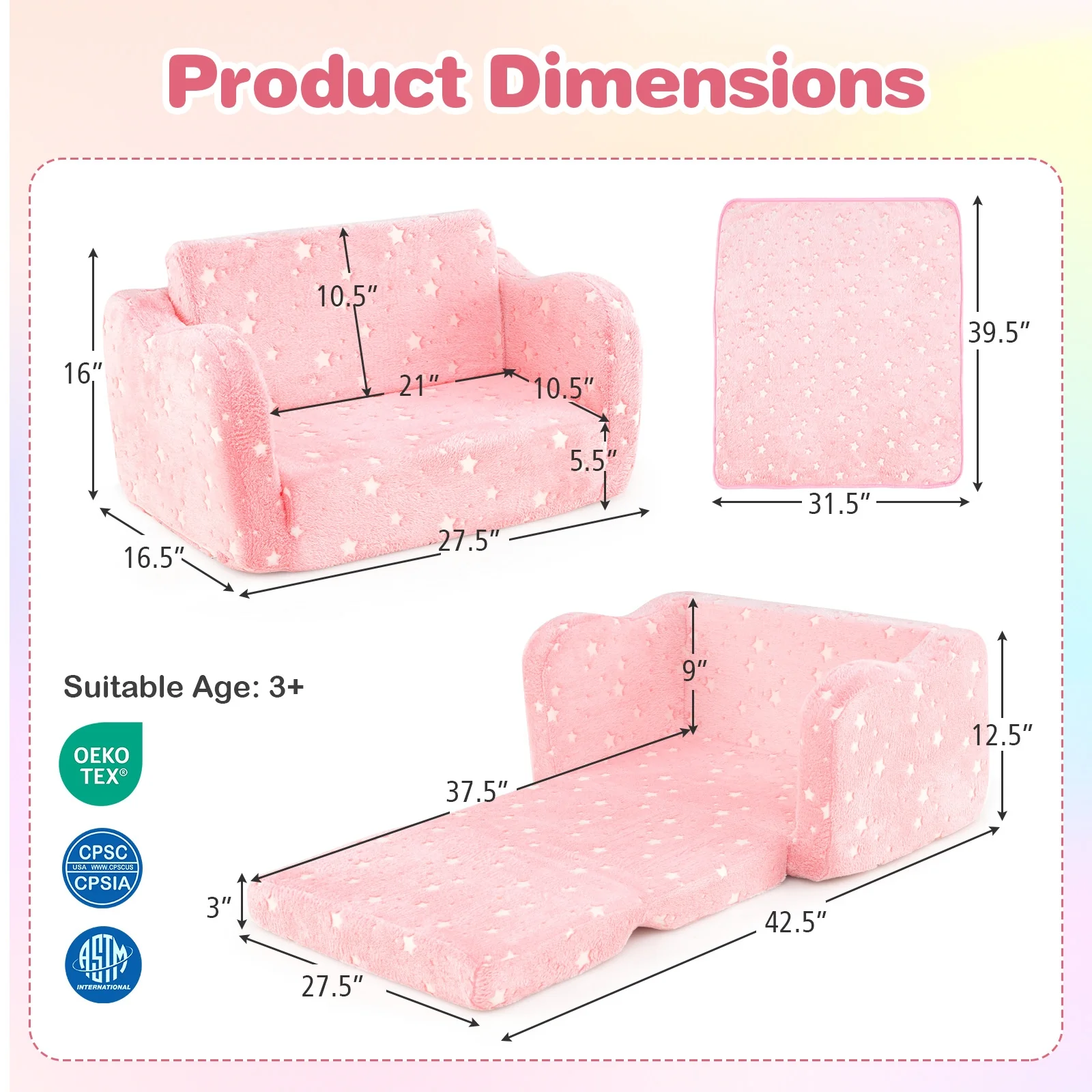 Folding Kids Couch With Glow In The Dark Blanket, Pink - Image 6