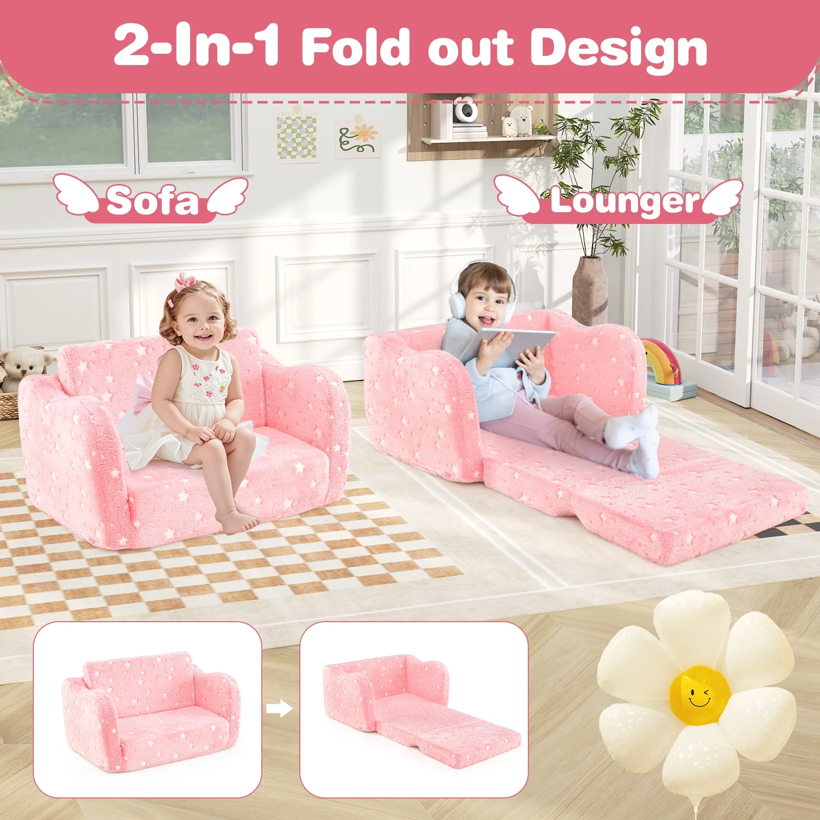 Folding Kids Couch With Glow In The Dark Blanket, Pink - Image 9