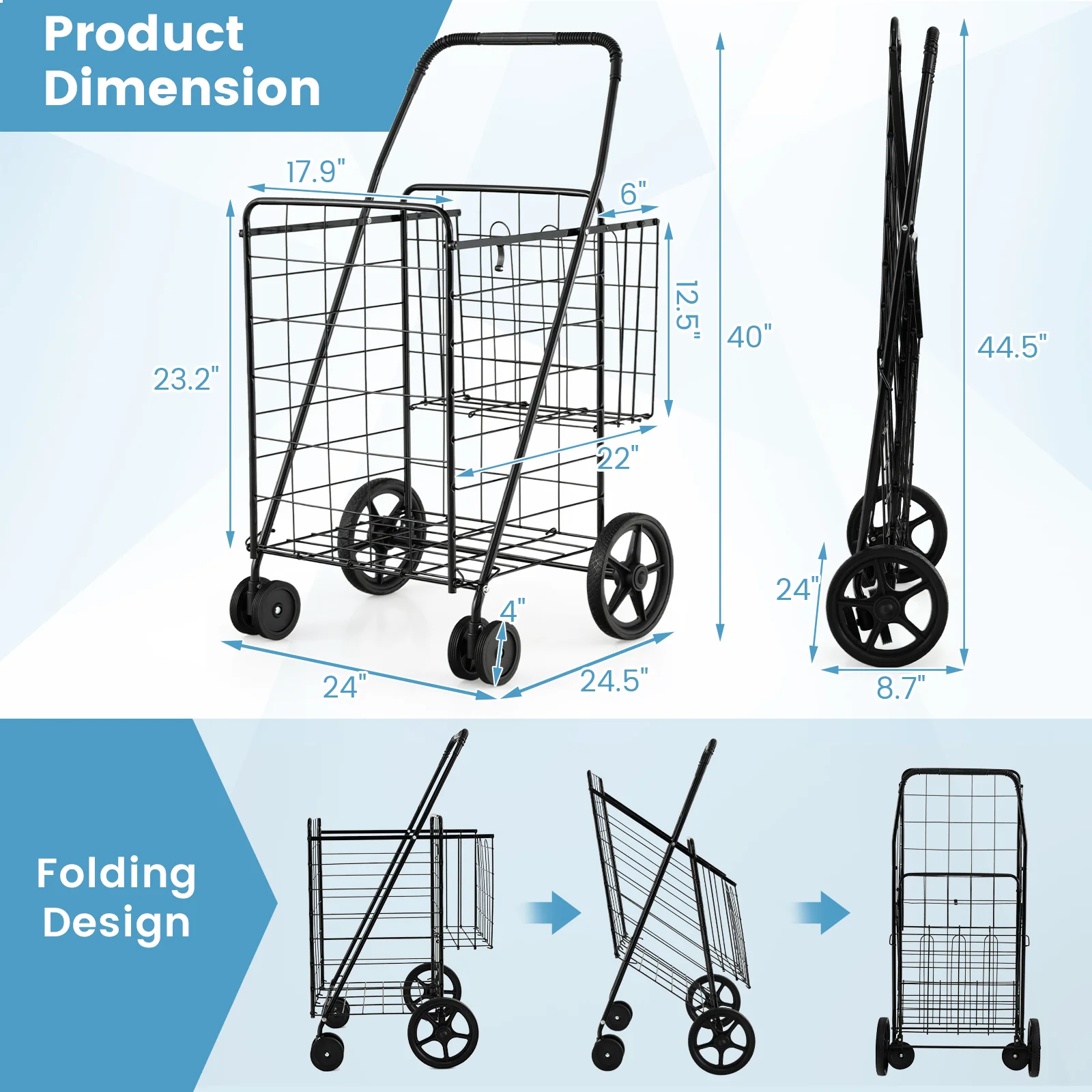 Folding Laundry Cart, Swivel Wheels, Dual Storage Baskets, Black - Image 6