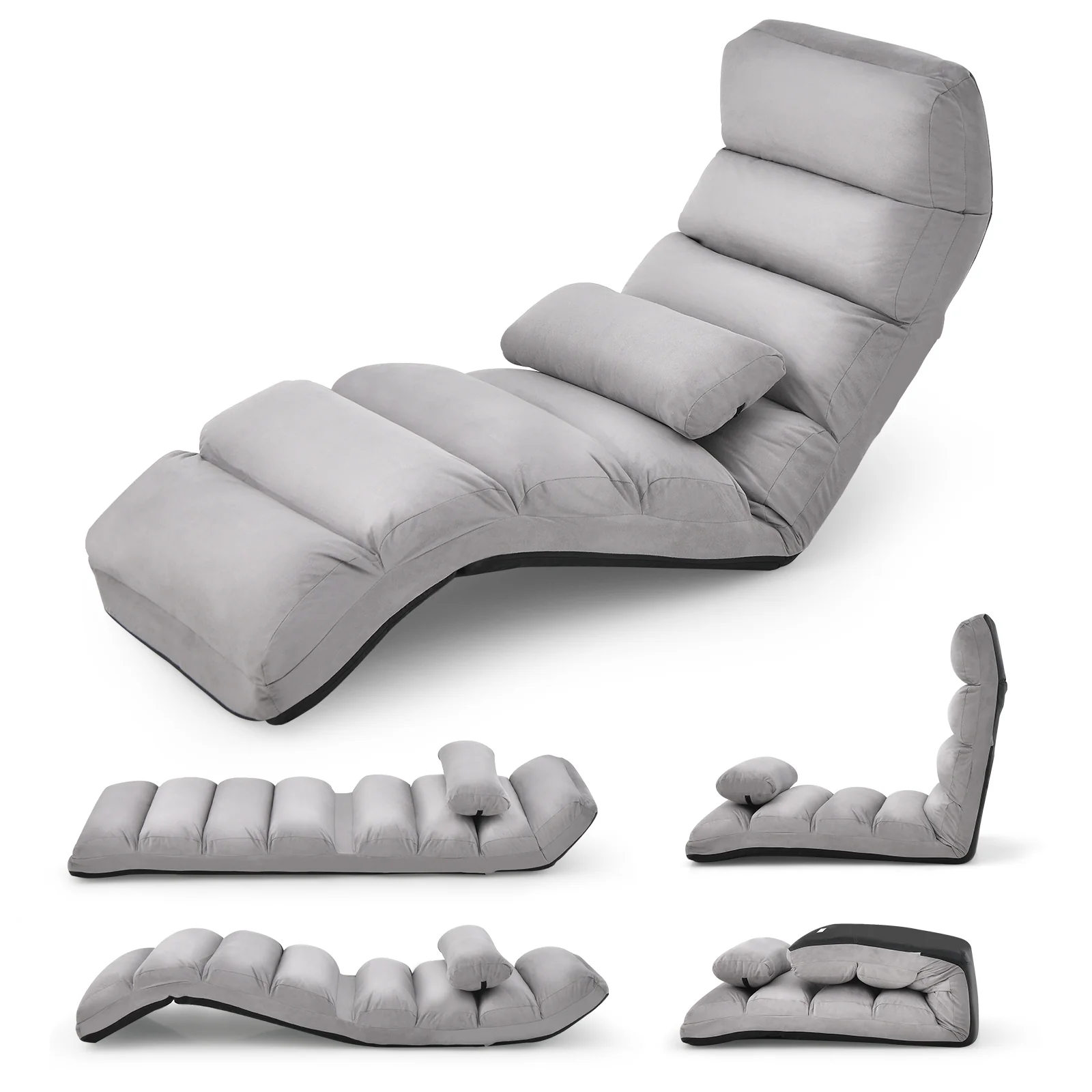 Folding Lazy Sofa Couch with Pillow, Gray - Image 4
