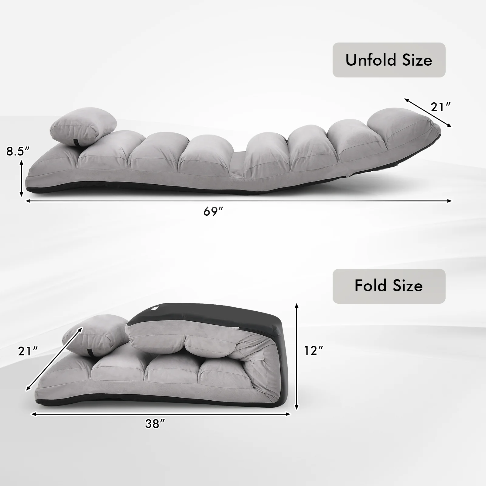 Folding Lazy Sofa Couch with Pillow, Gray - Image 5