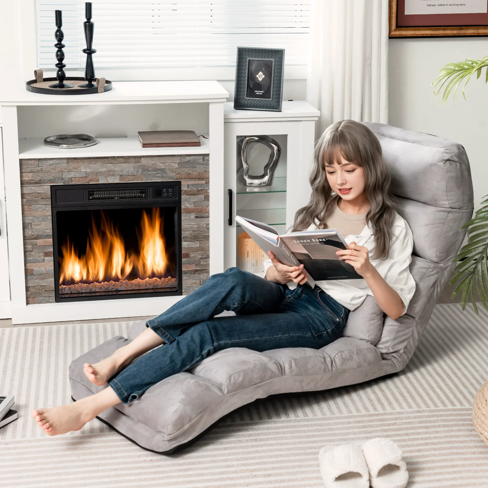 Folding Lazy Sofa Couch with Pillow, Gray - Image 6