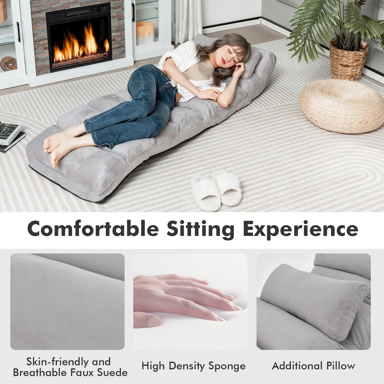 Folding Lazy Sofa Couch with Pillow, Gray - Image 9