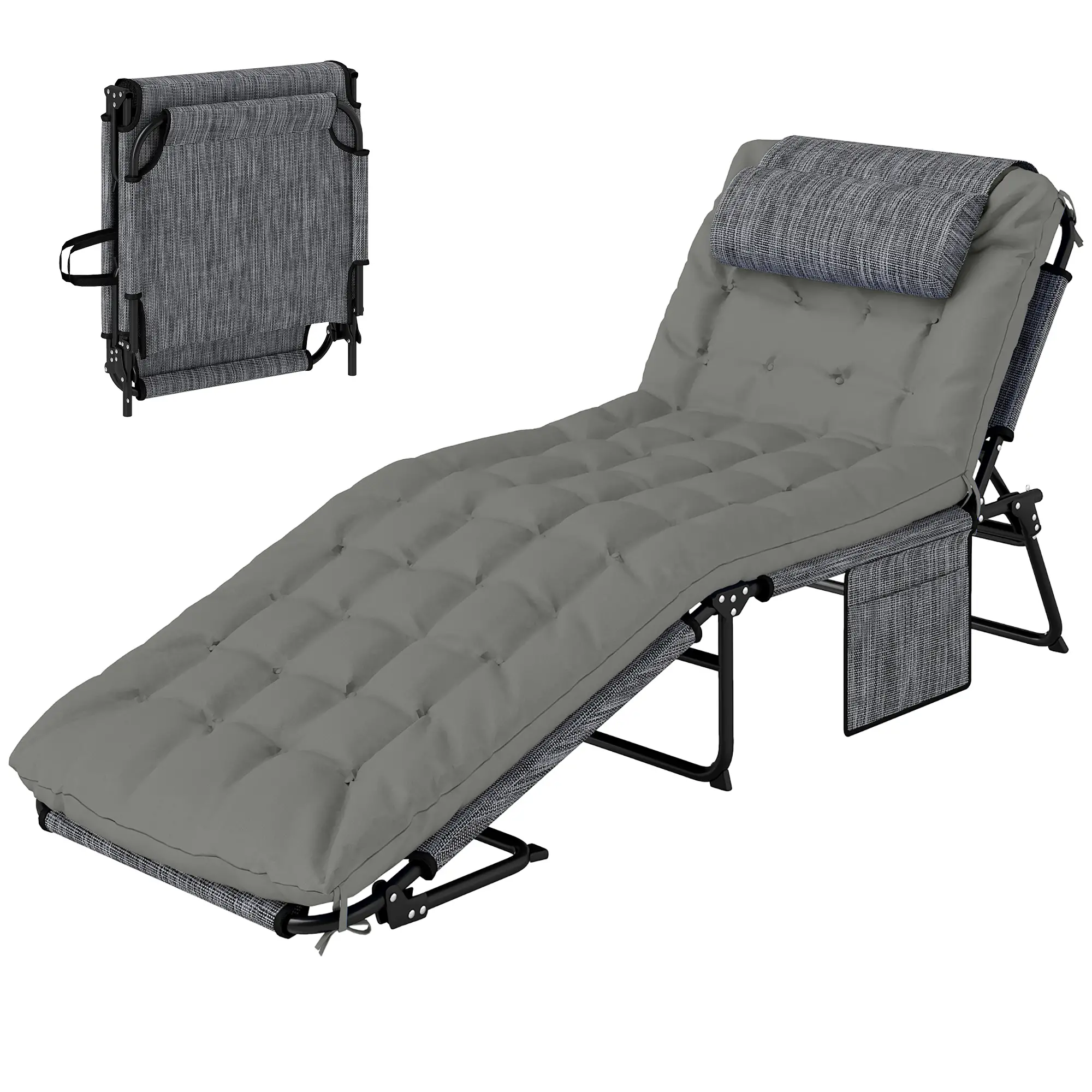 Folding Lounge Chair, 4-Level Reclining Back, Cushion, Grey