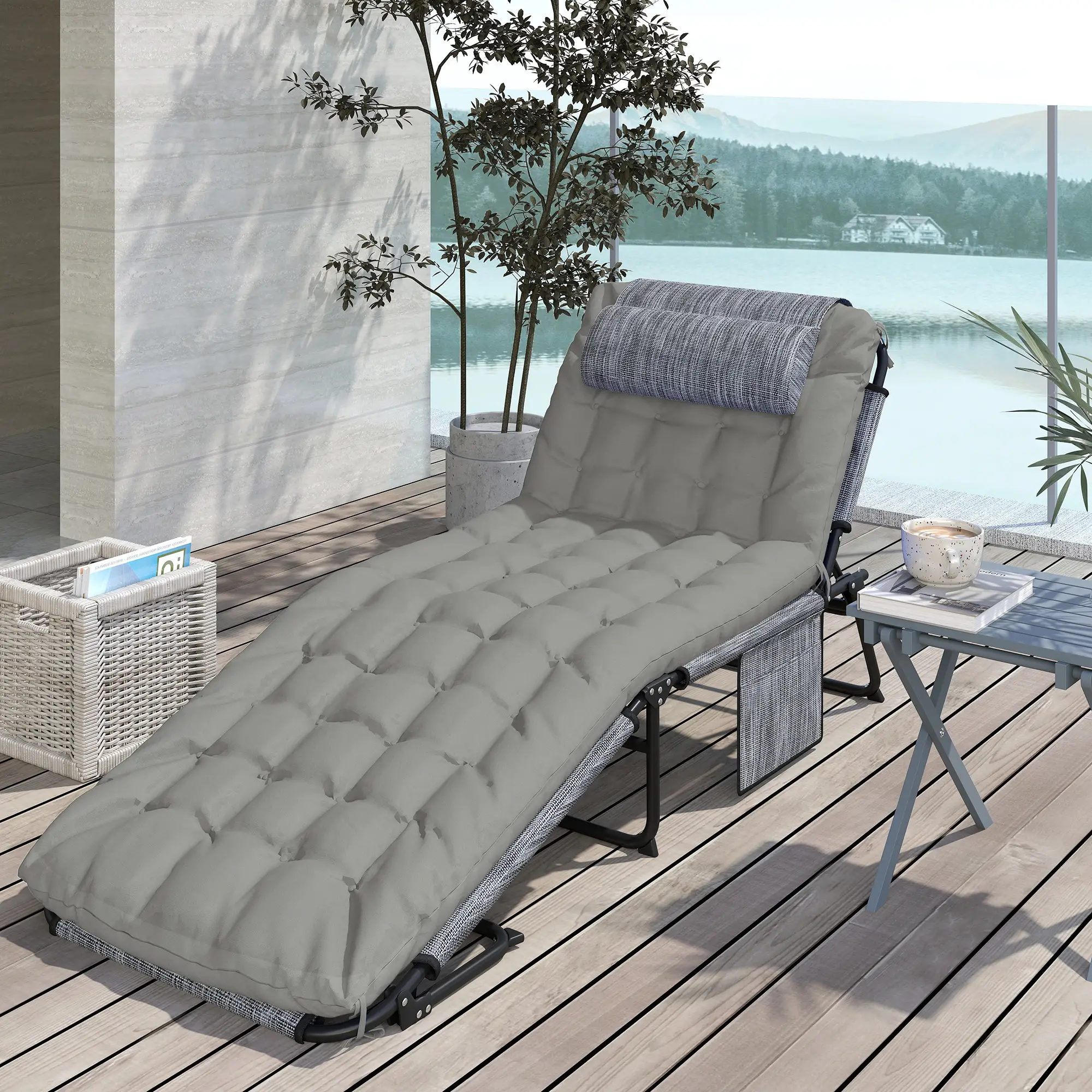 Folding Lounge Chair, 4-Level Reclining Back, Cushion, Grey - Image 10