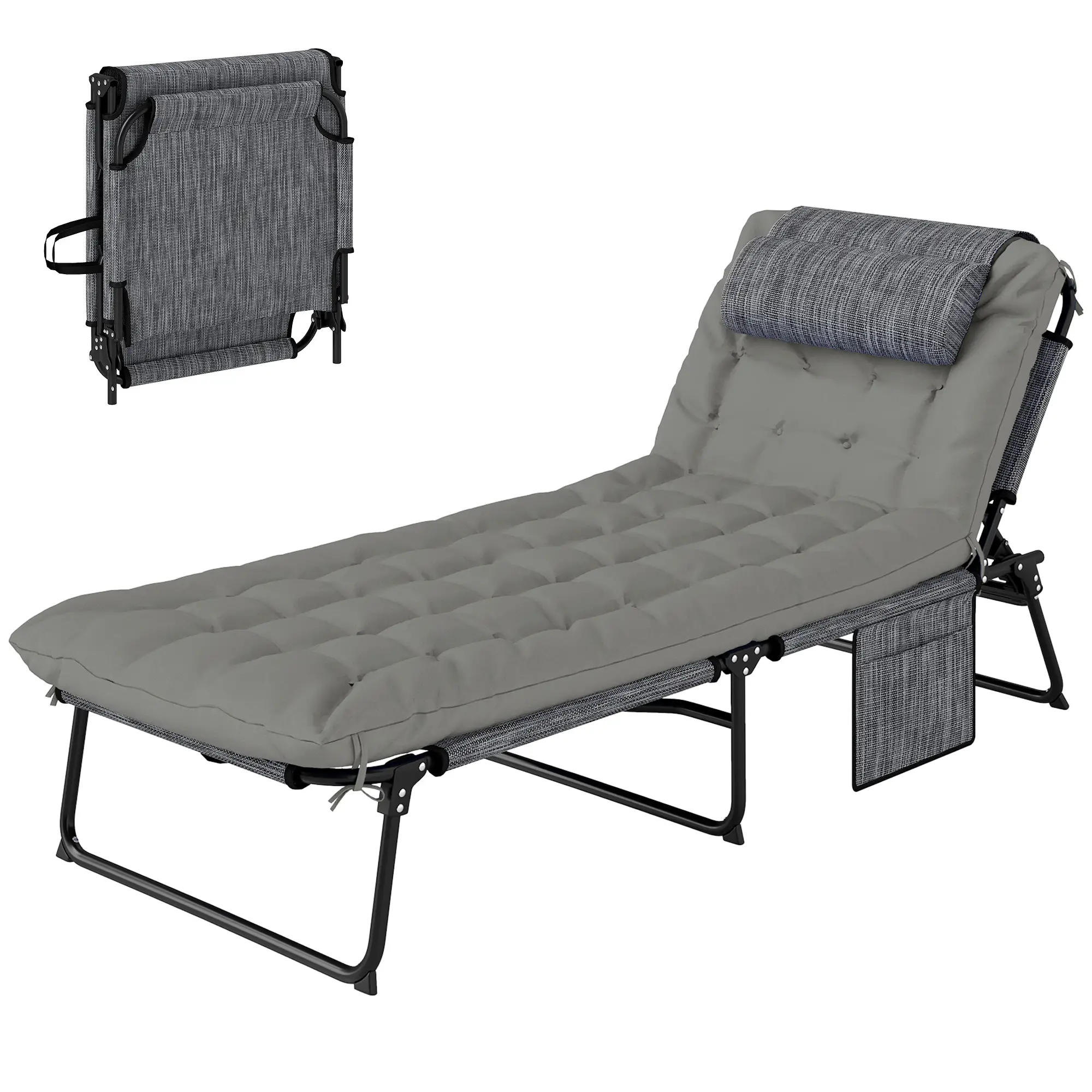 Folding Lounge Chair, 4-Level Reclining Back, Cushion, Grey - Image 11