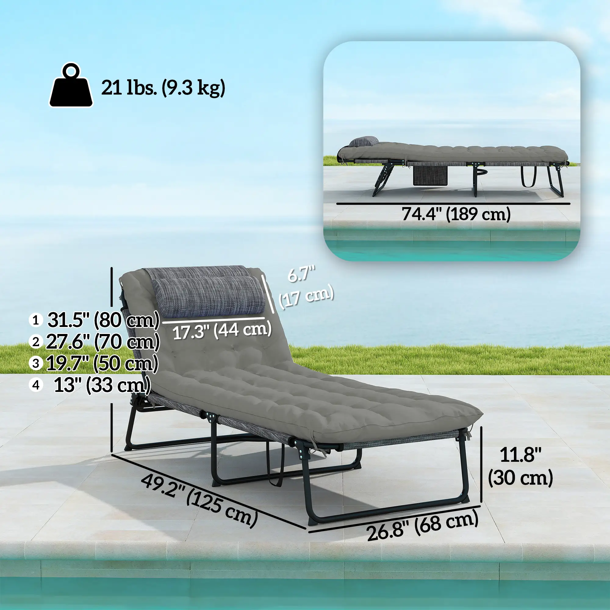 Folding Lounge Chair, 4-Level Reclining Back, Cushion, Grey - Image 3