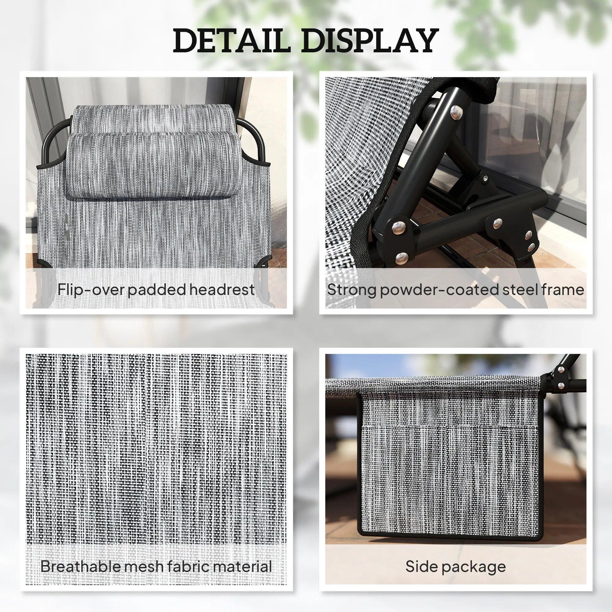 Folding Lounge Chair, 4-Level Reclining Back, Cushion, Grey - Image 6