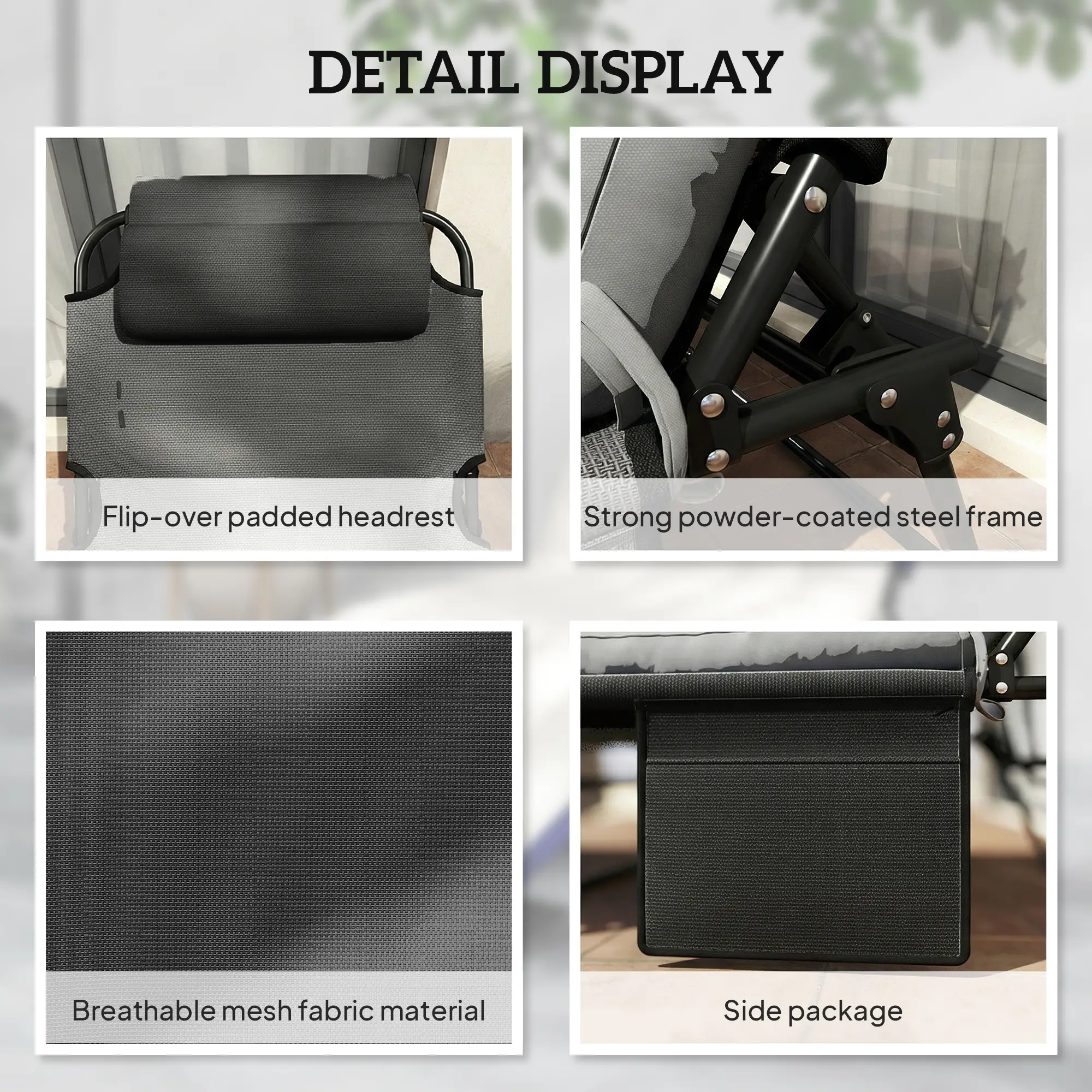 Folding Lounge Chair, 4-Level Reclining Back, Dark Grey - Image 6