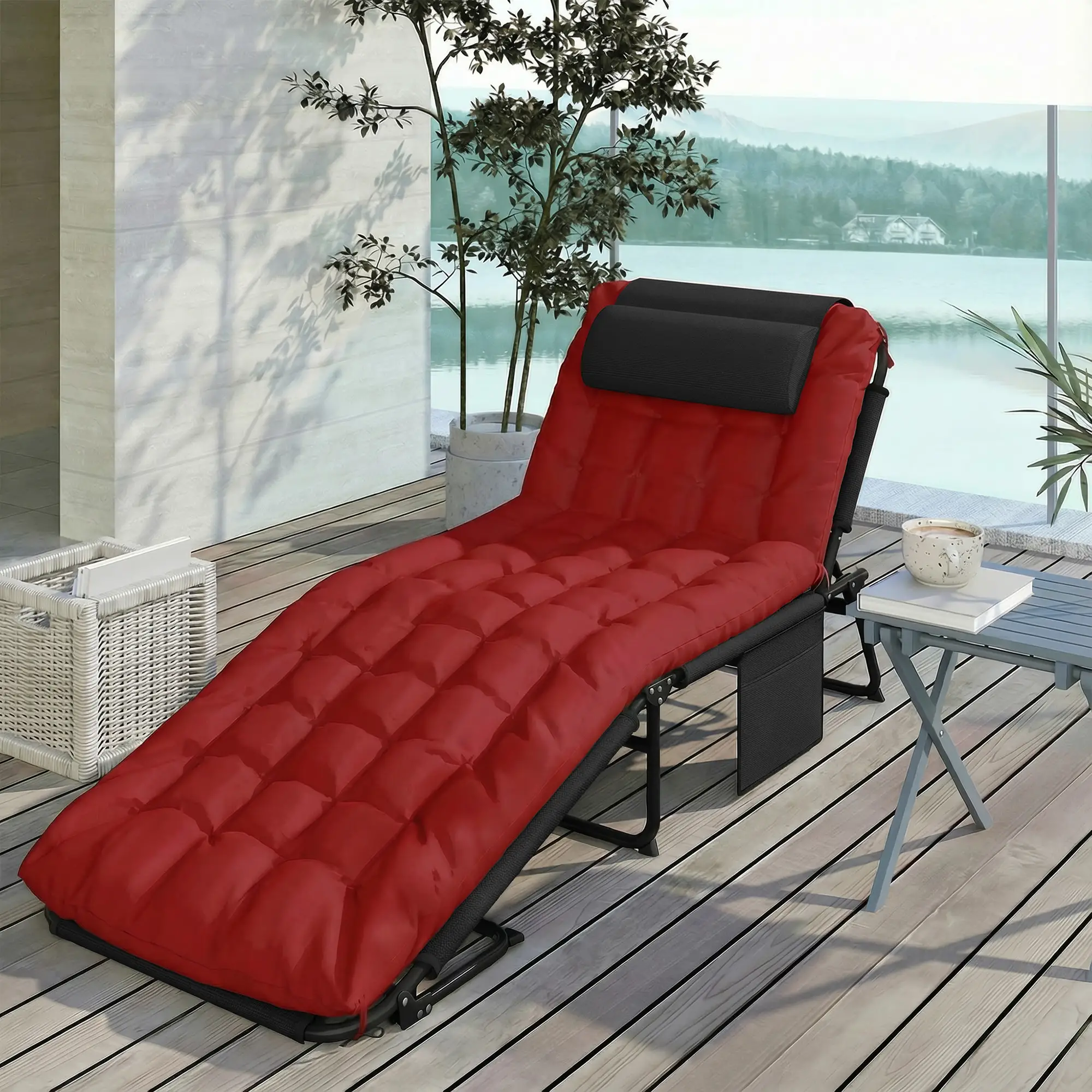 Folding Lounge Chair, 4-Level Reclining Back, Wine Red - Image 10