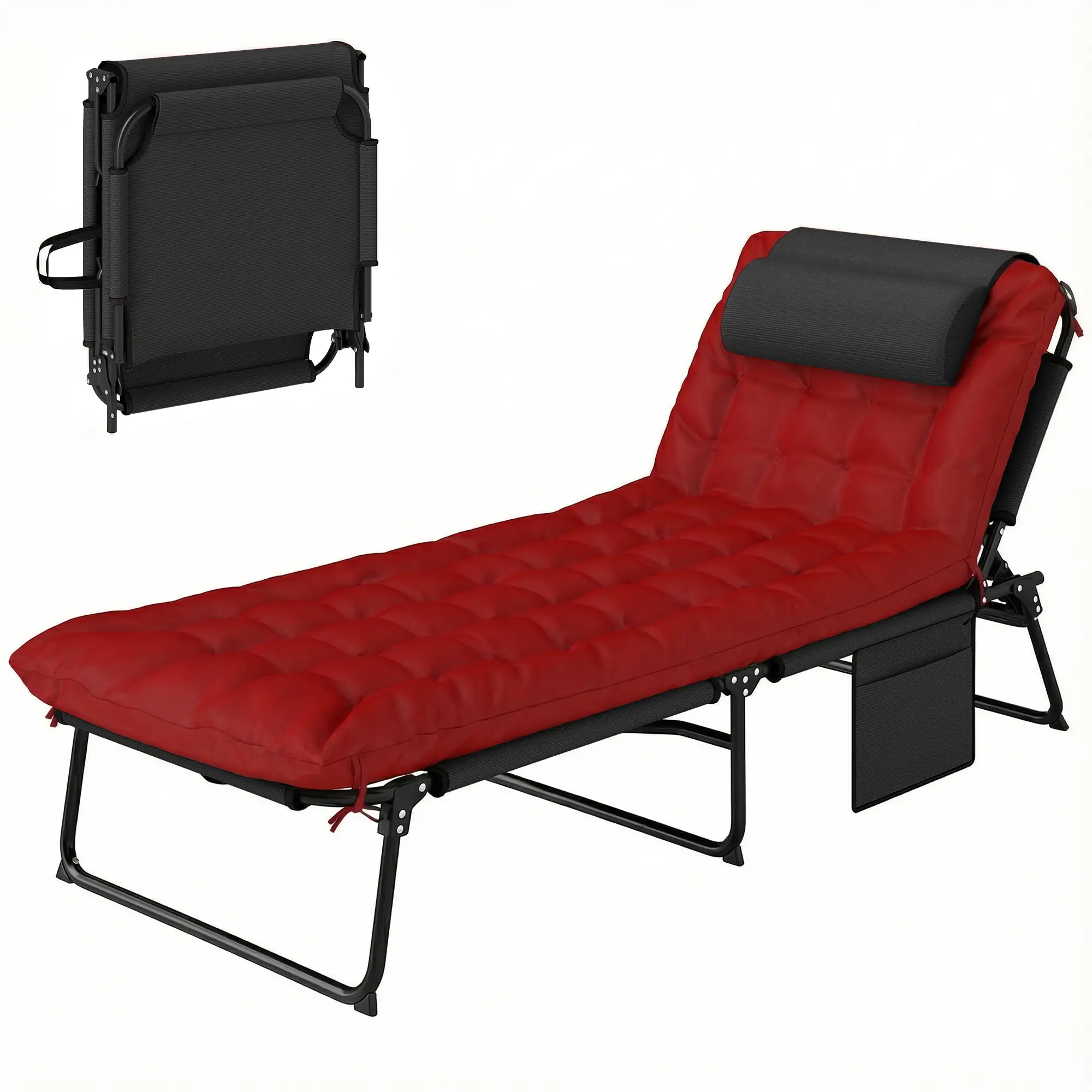 Folding Lounge Chair, 4-Level Reclining Back, Wine Red - Image 11