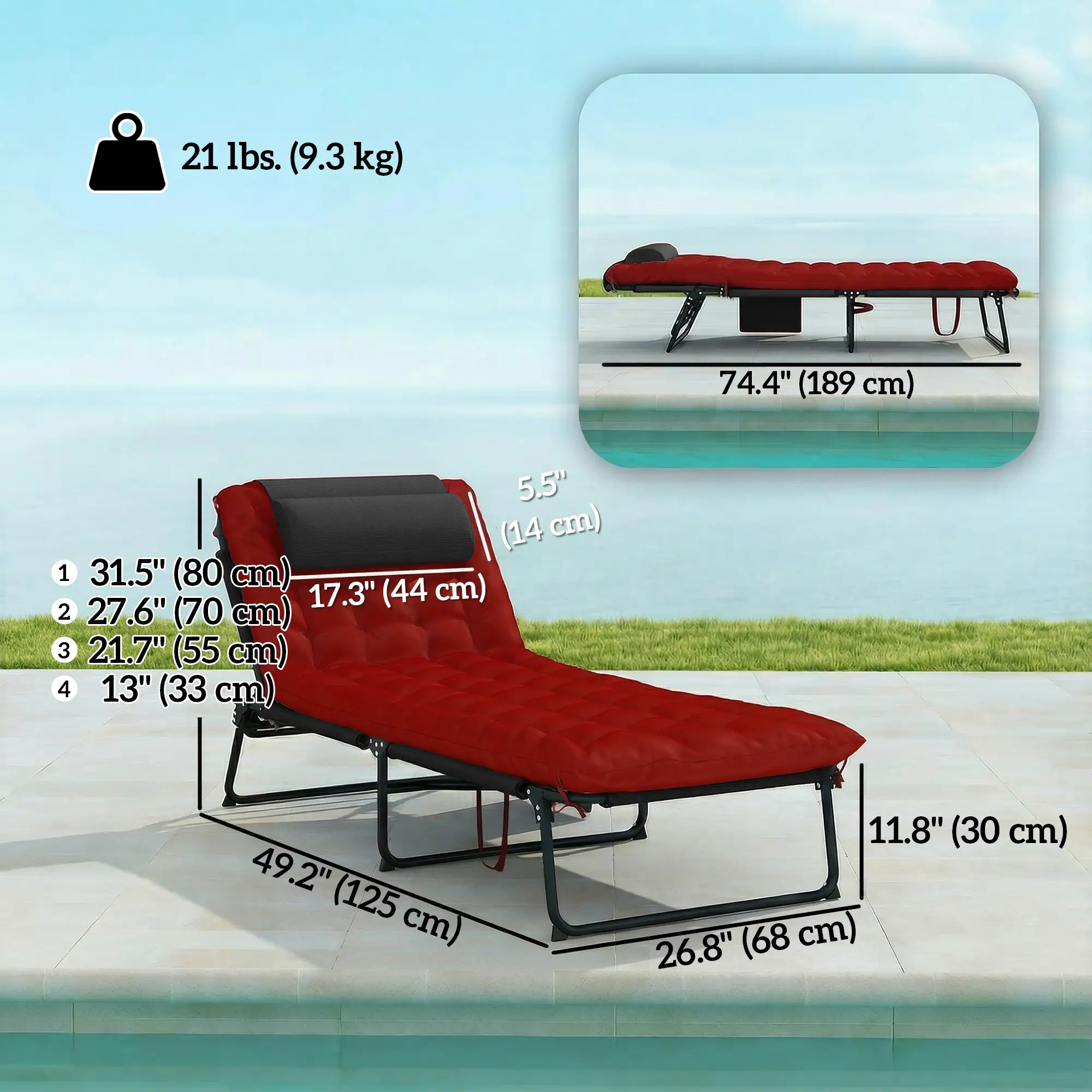 Folding Lounge Chair, 4-Level Reclining Back, Wine Red - Image 3